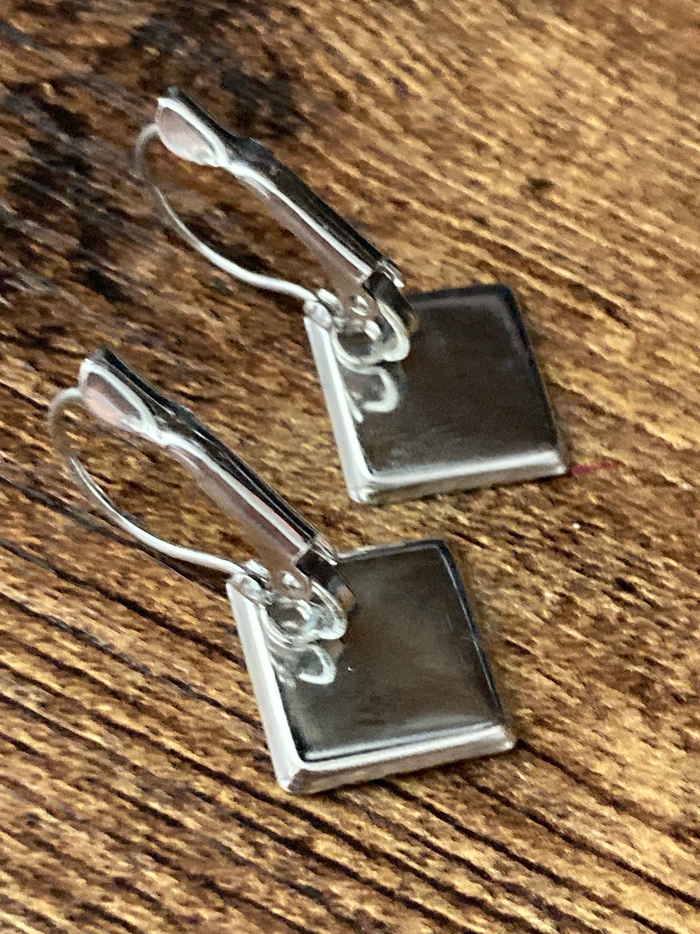 square natural stone tile silver dangly drop marbled turquoise blue earrings