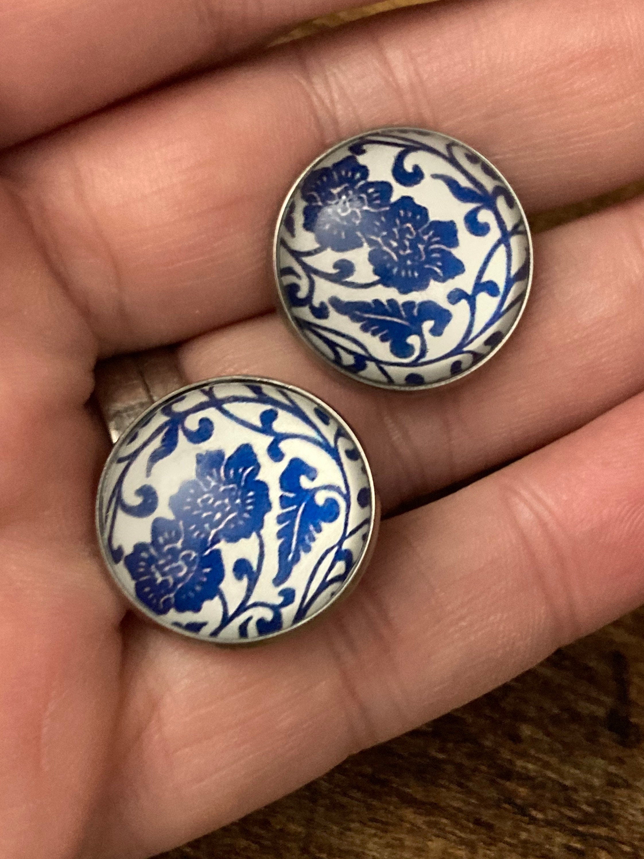 blue and white earrings floral print round glass stainless steel studs