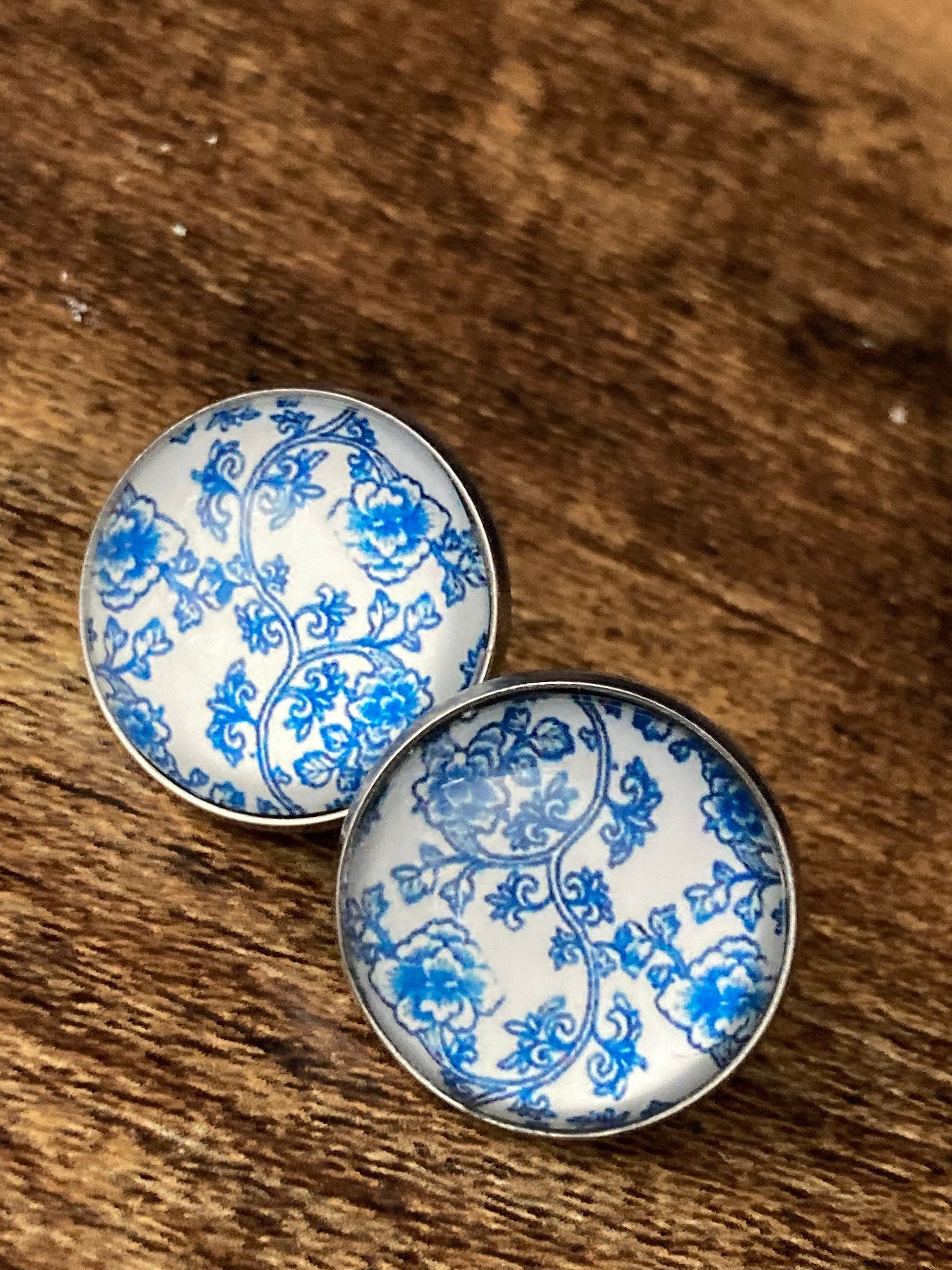 blue and white floral earrings print glass stainless steel studs