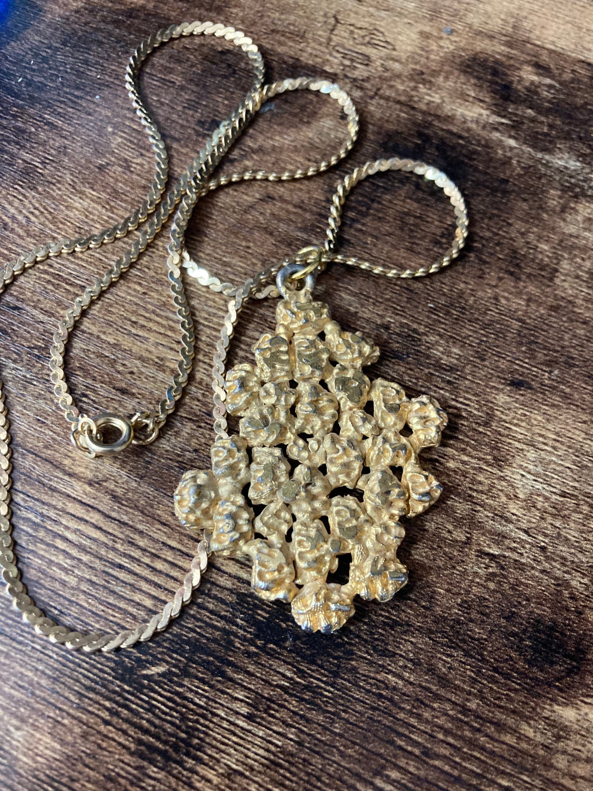 Modernist gold tone pendant necklace on 61cm chain brutalist