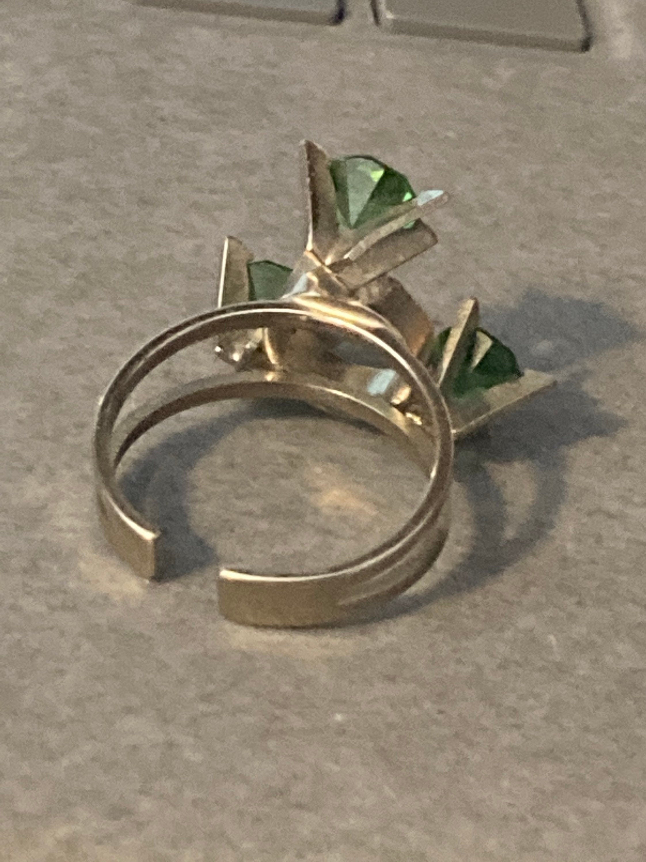 Emerald Green Paste Ring: Adjustable Silver Steel Brutalist Design