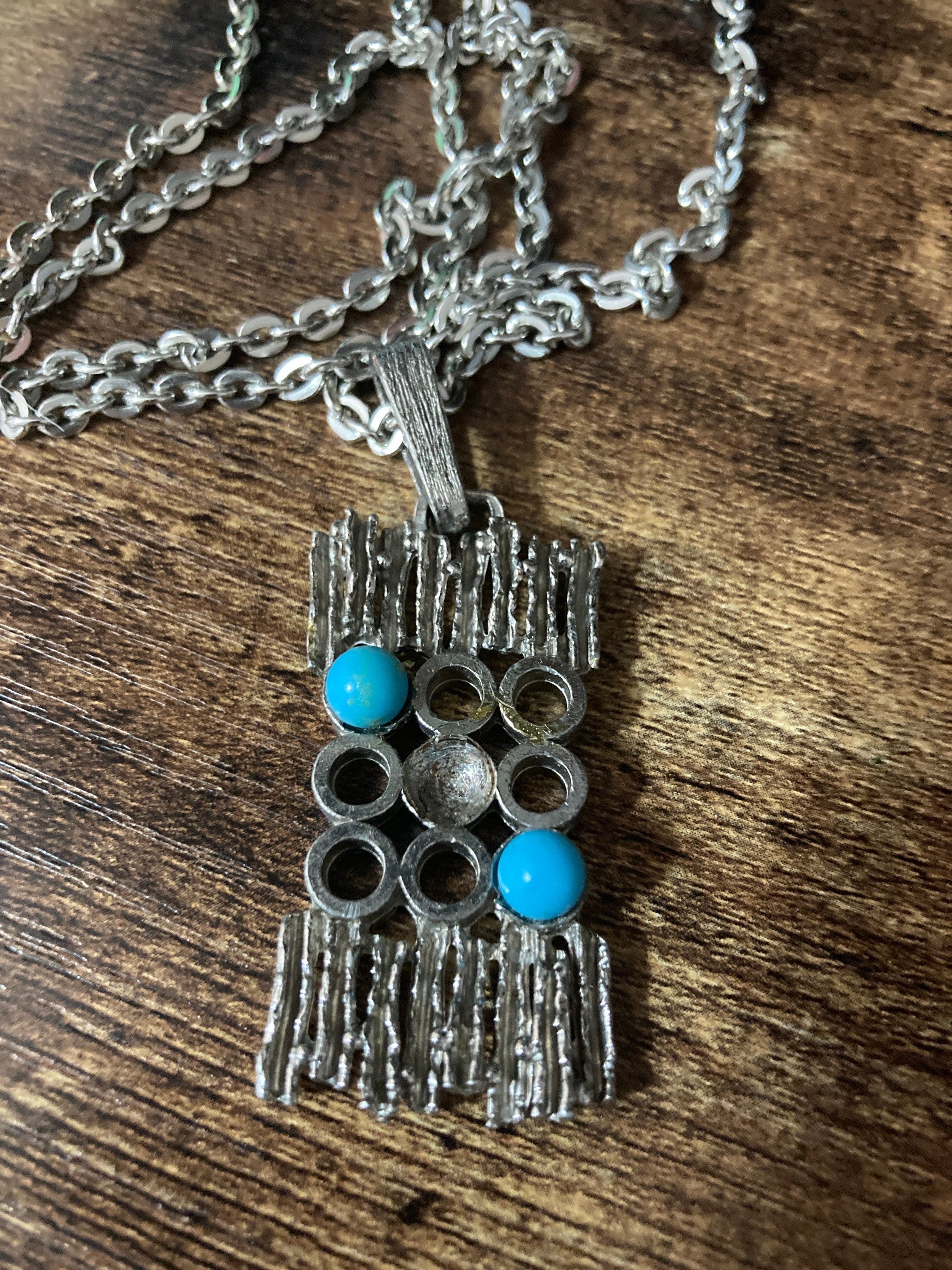 geometric steel abstract brutalist pendant turquoise blue cabochons on 75cm silver lightweight chain