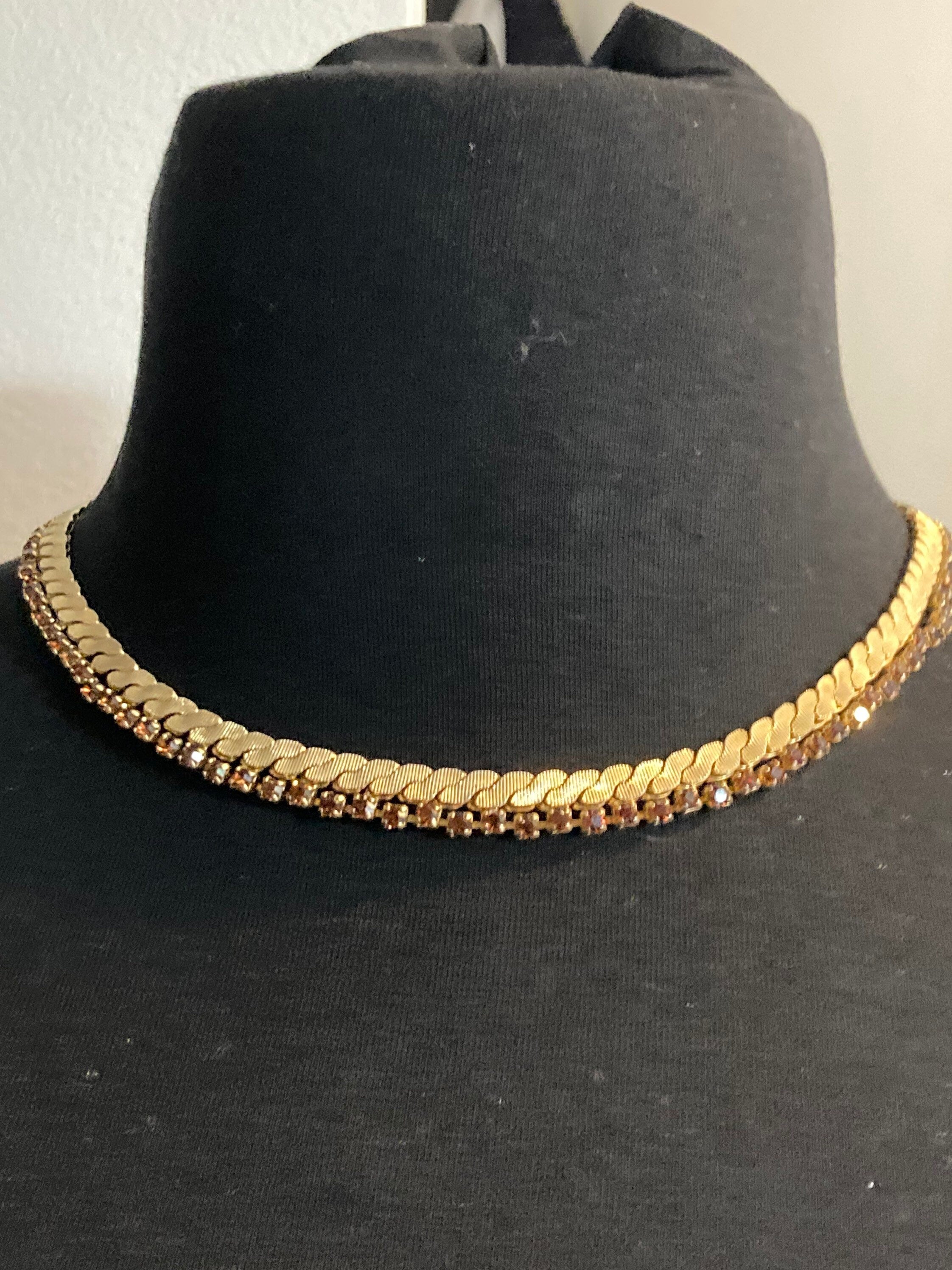 cognac glass brown diamante woven choker necklace, Vintage mid century gold plated