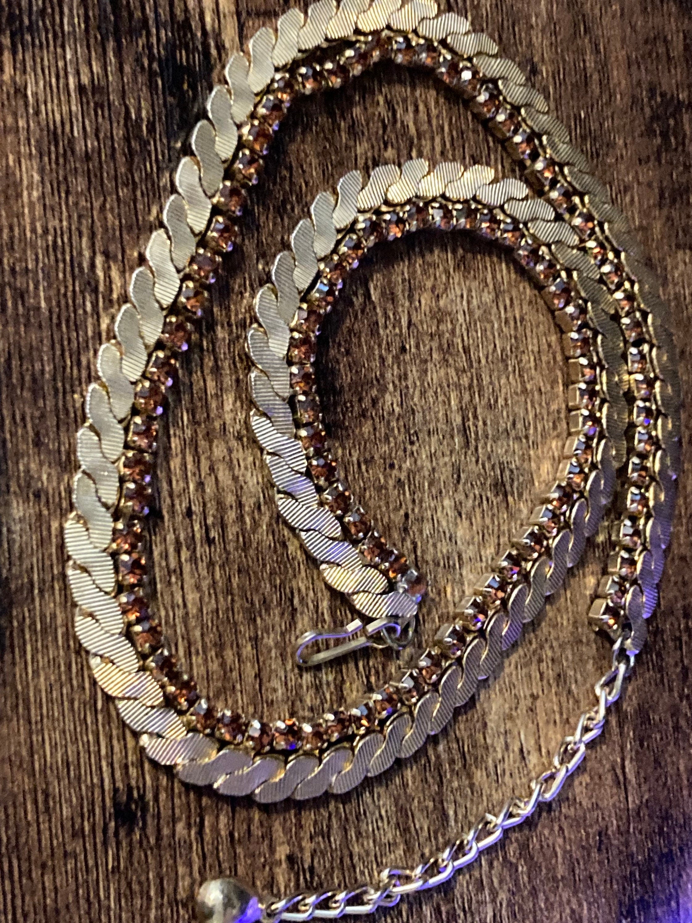 cognac glass brown diamante woven choker necklace, Vintage mid century gold plated