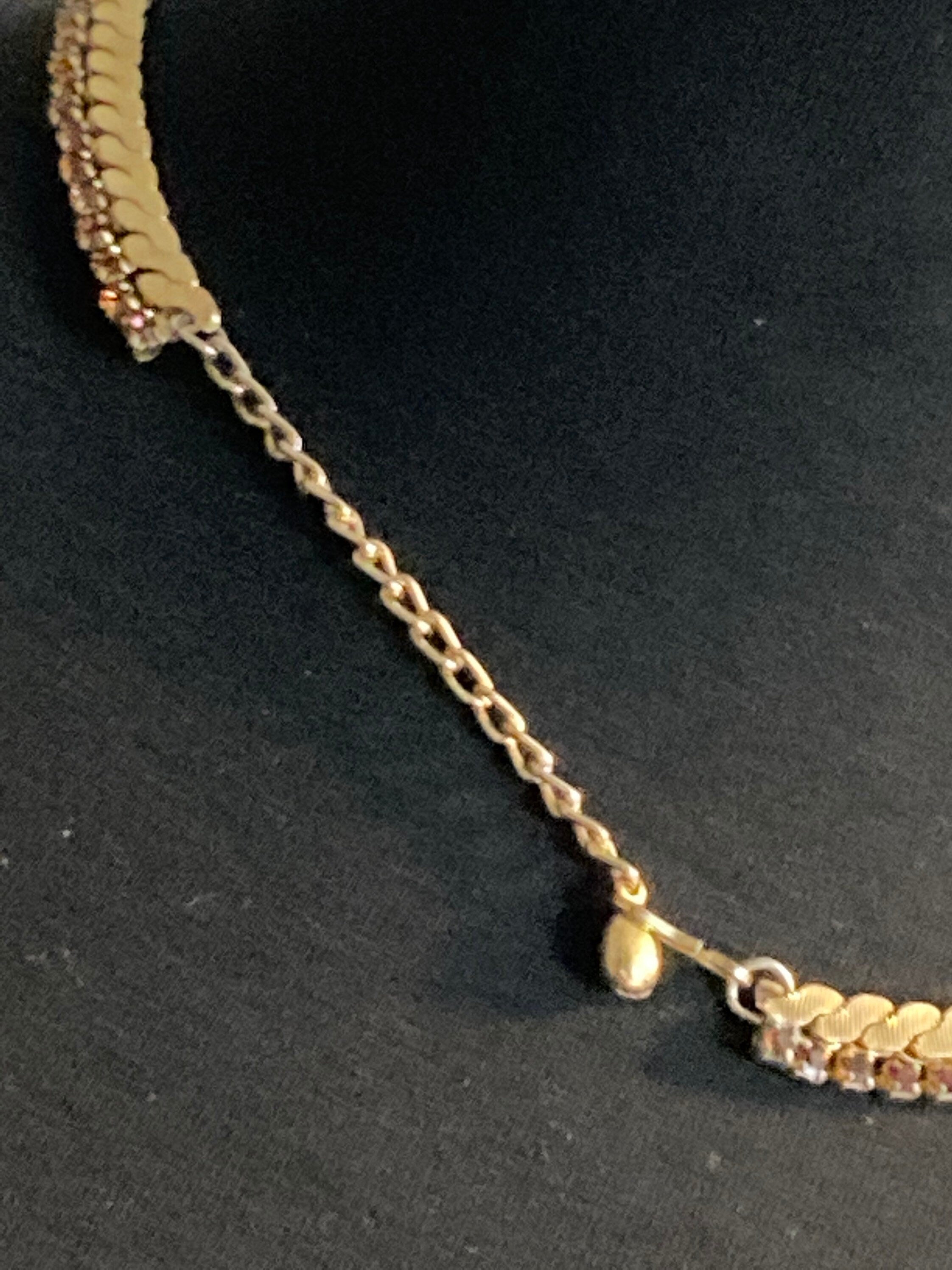 cognac glass brown diamante woven choker necklace, Vintage mid century gold plated