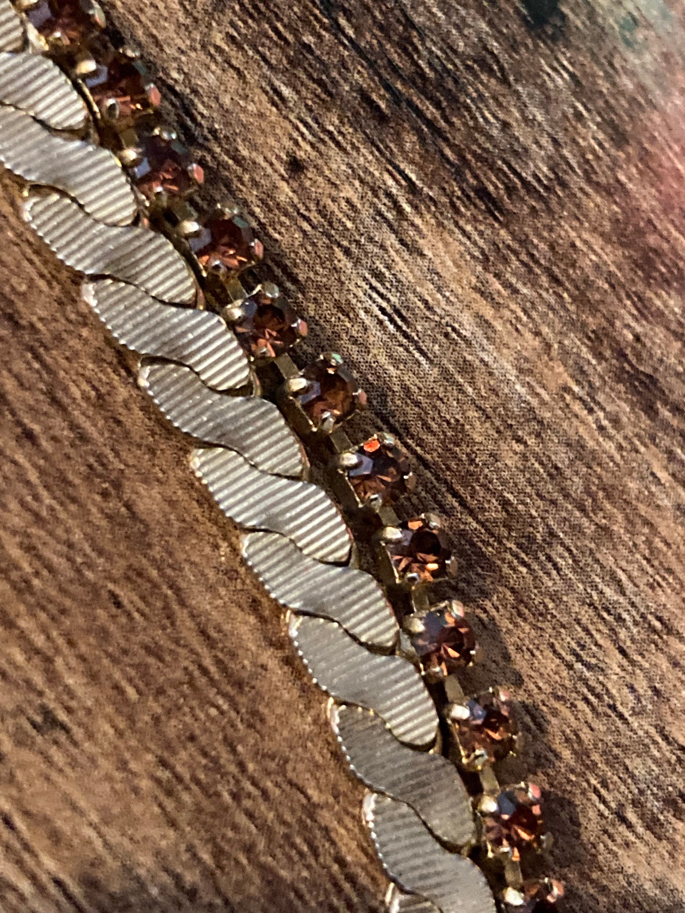 cognac glass brown diamante woven choker necklace, Vintage mid century gold plated