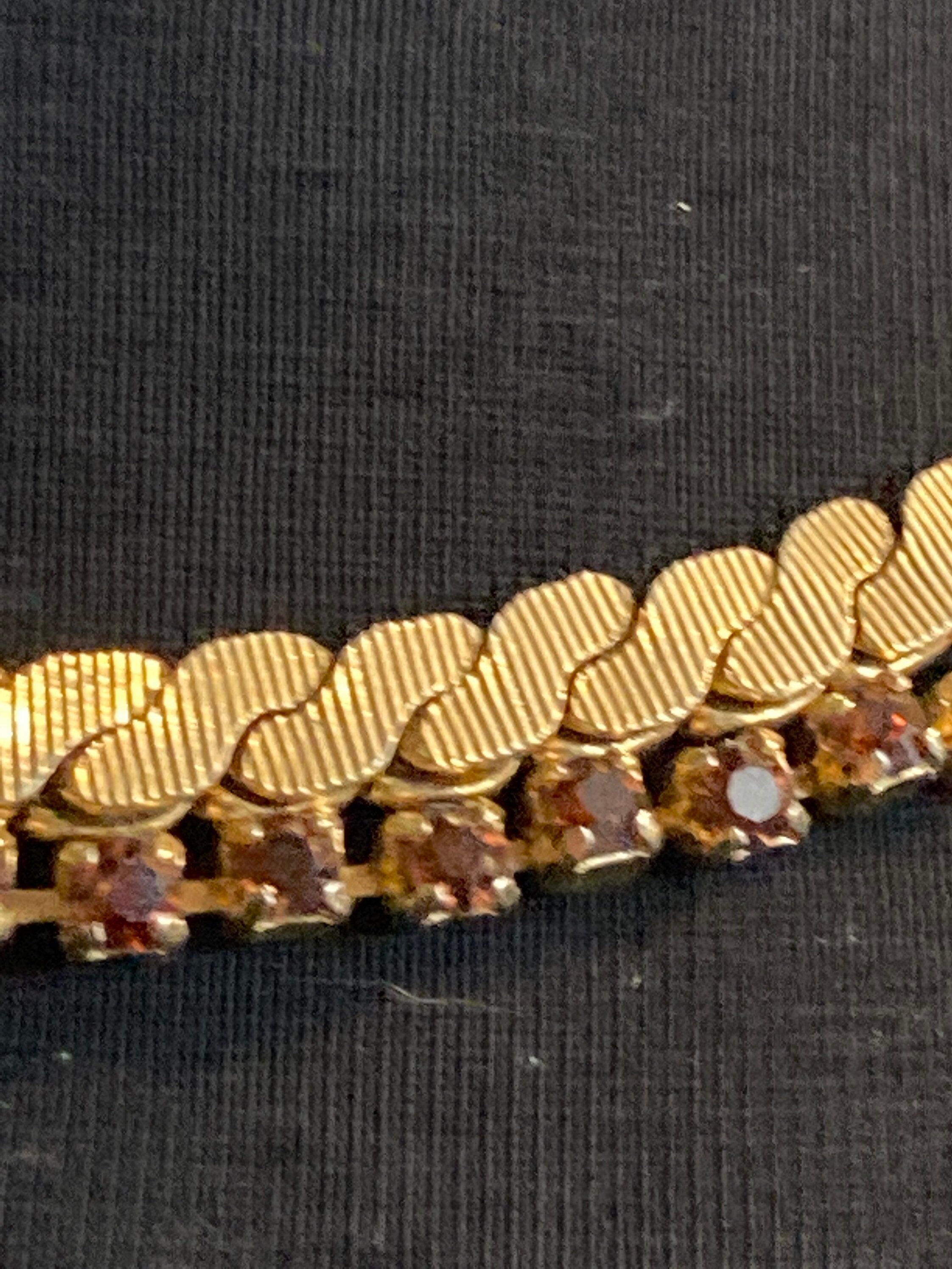 cognac glass brown diamante woven choker necklace, Vintage mid century gold plated