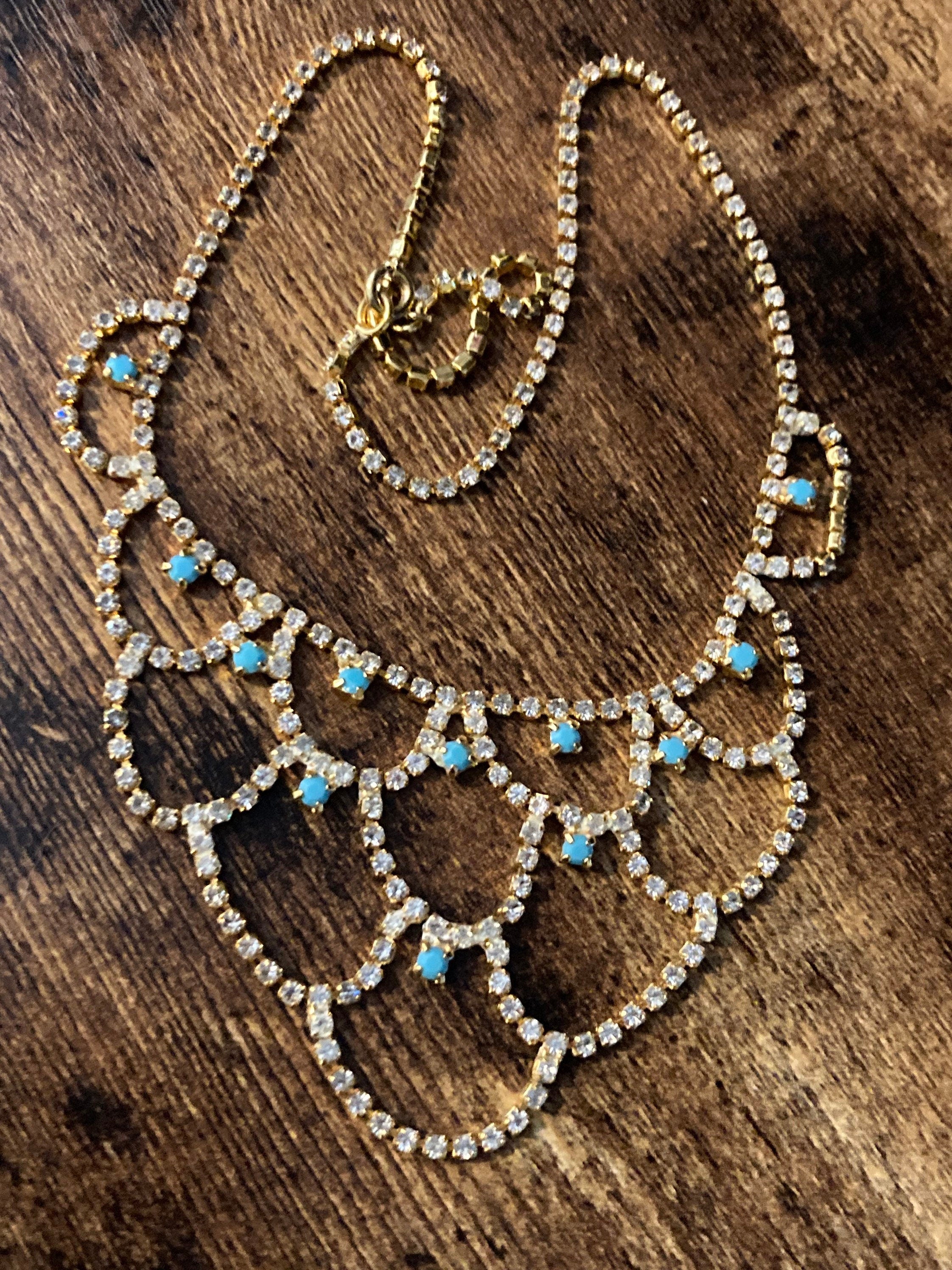 turquoise clear diamanté rhinestone paste swag bib necklace Vintage retro gold tone