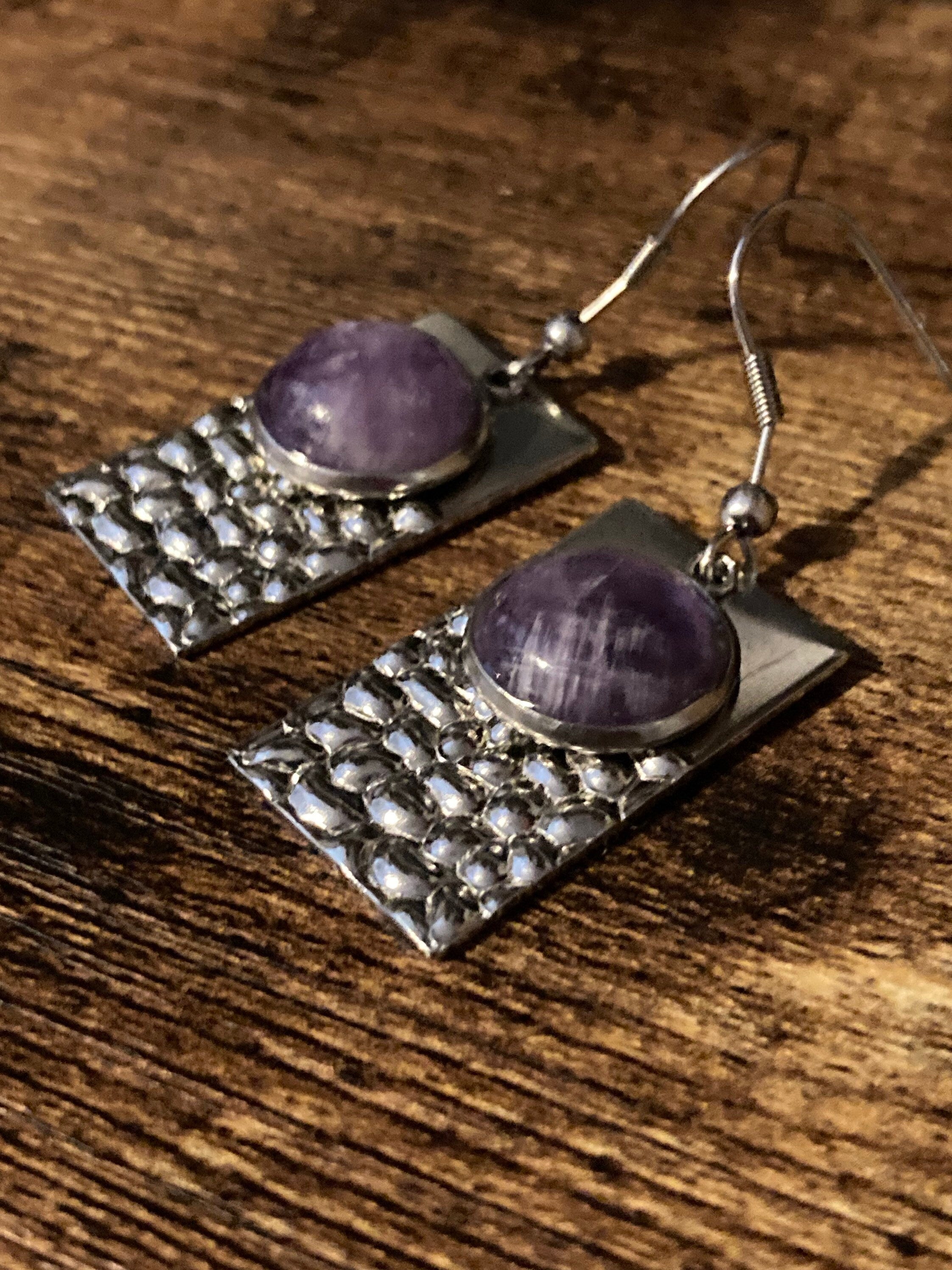Purple amethyst gemstone dangly earrings stainless steel modernist planished metal