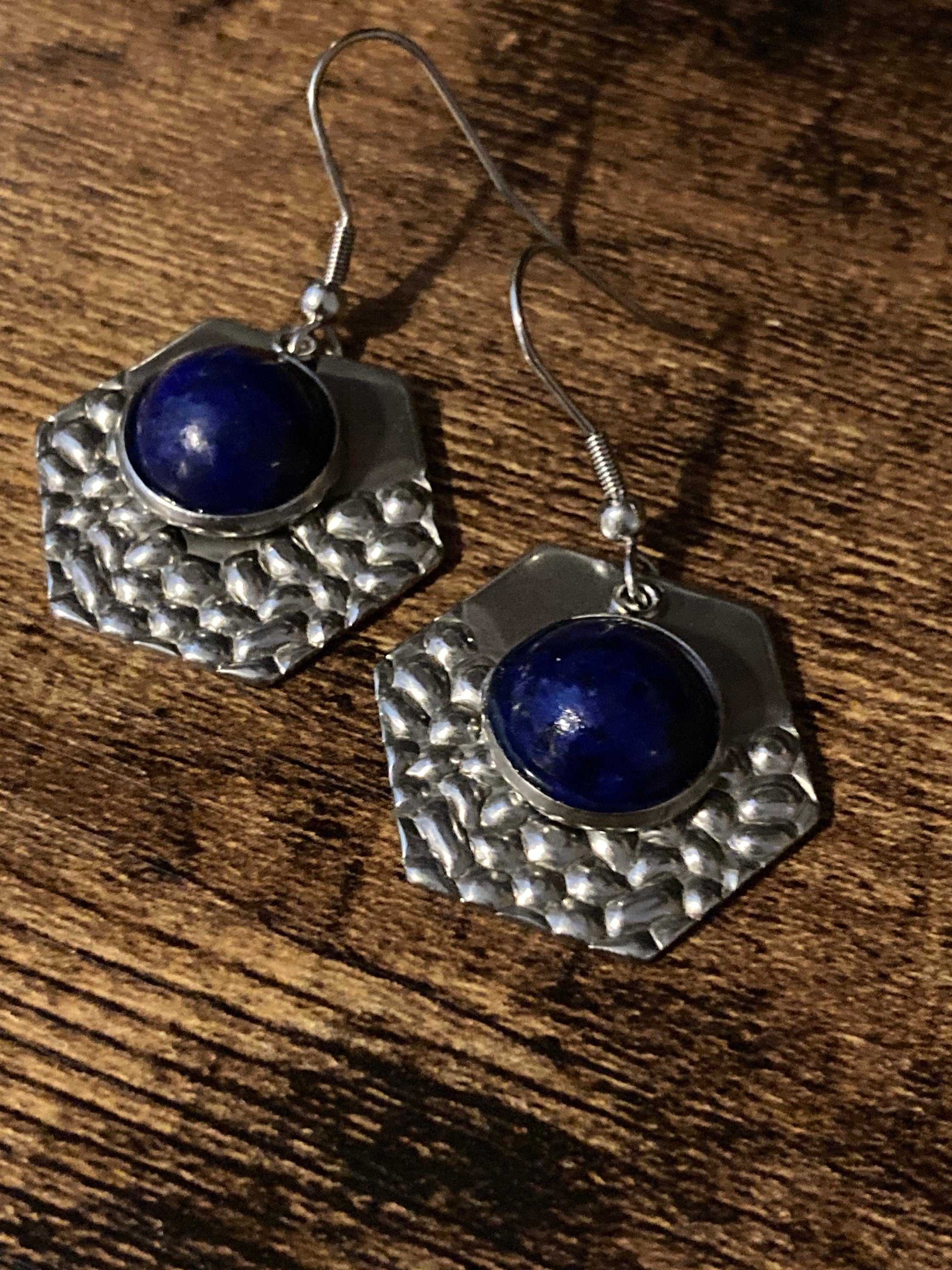 textured stainless steel silver tone hexagon drop earrings with natural blue lapis lazuli gemstone