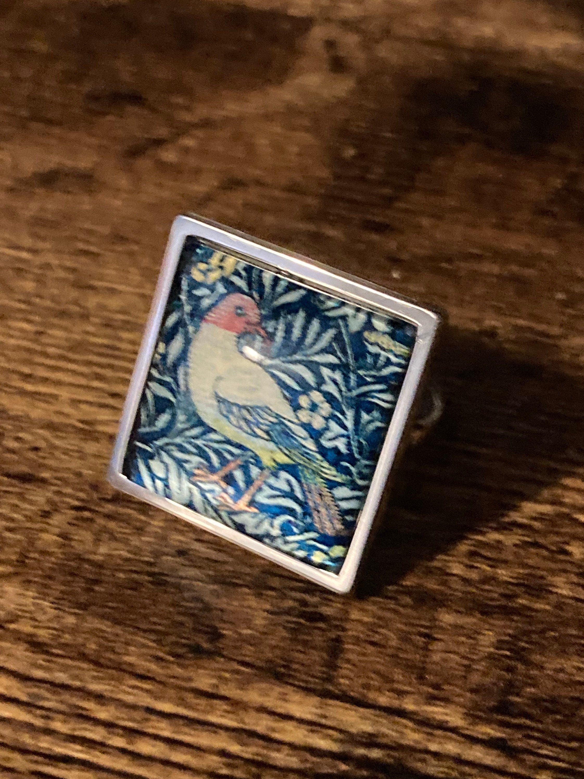 William Morris print ring BIRD design square glass cabochon adjustable