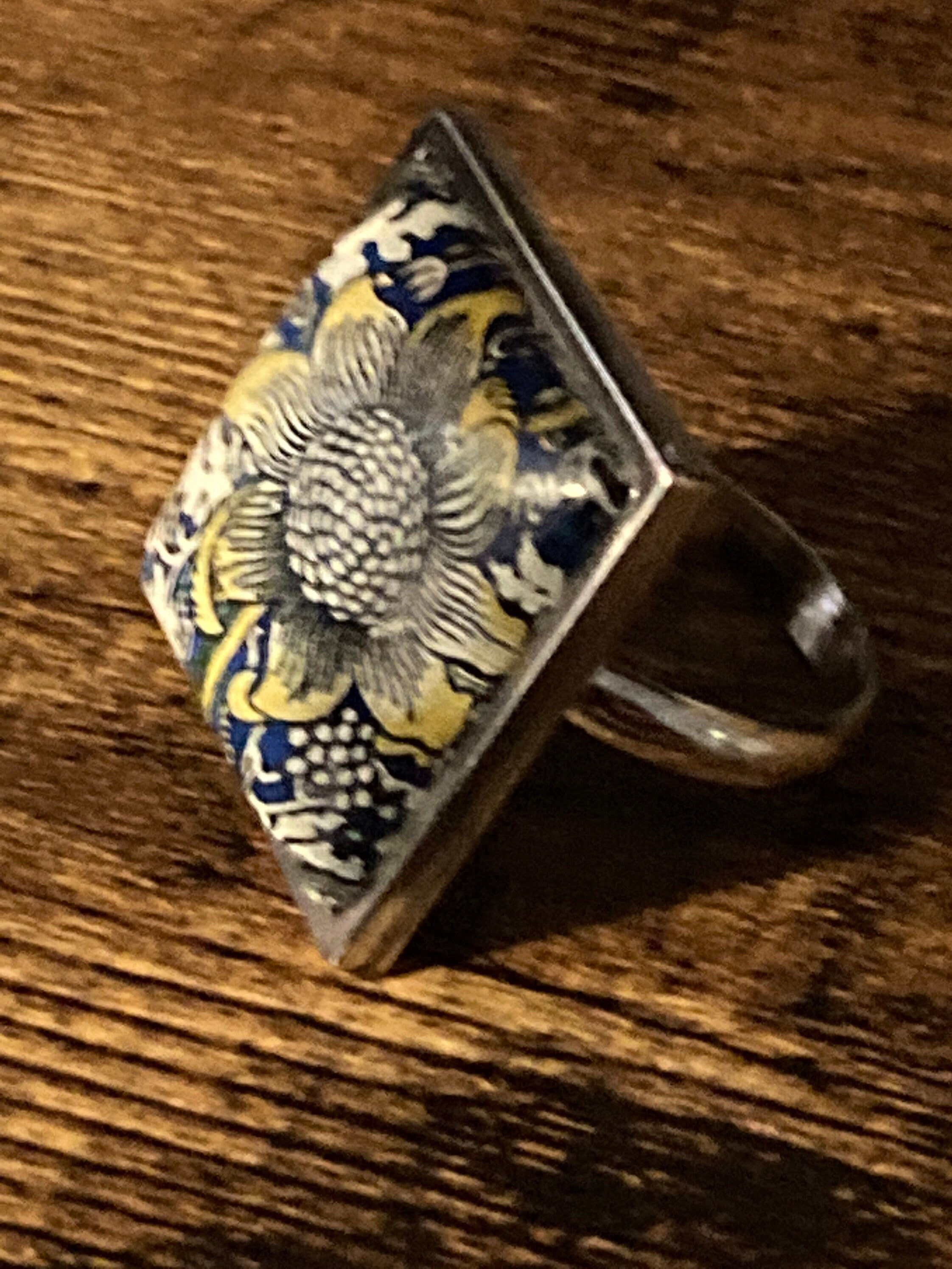 William Morris ring blue Sunflower design square glass cabochon adjustable size N O P Q R S