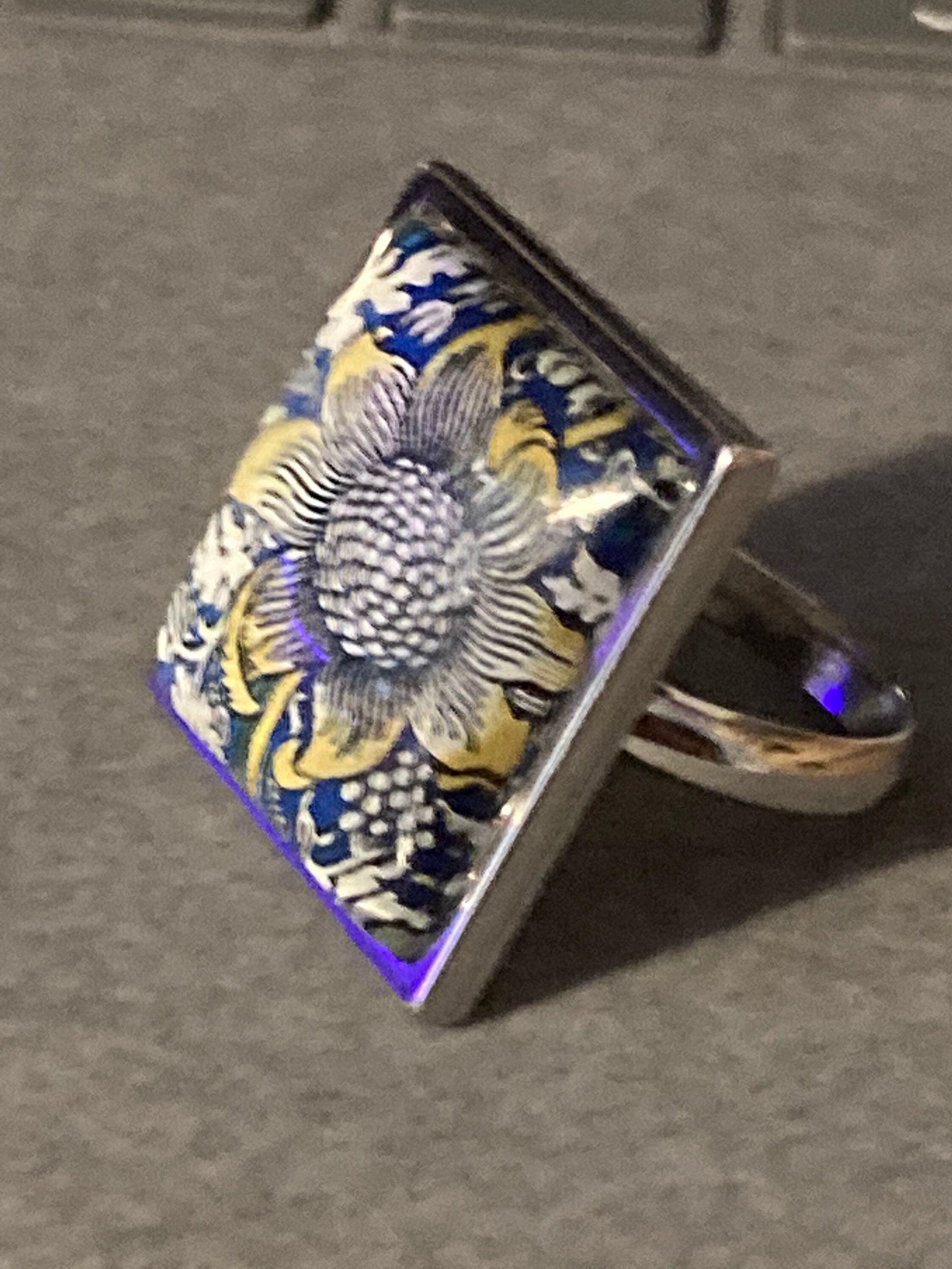 William Morris ring blue Sunflower design square glass cabochon adjustable size N O P Q R S