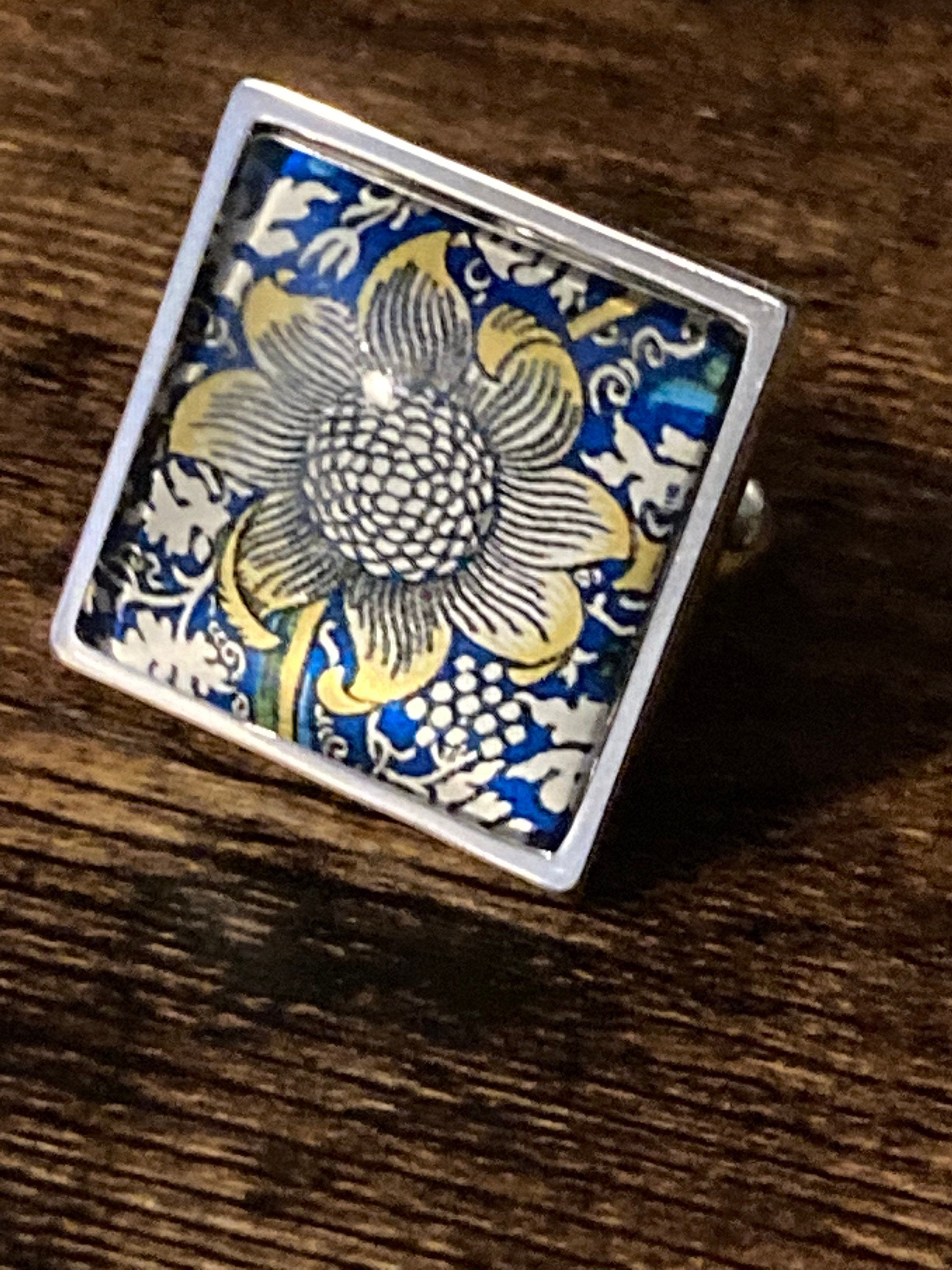 William Morris ring blue Sunflower design square glass cabochon adjustable size N O P Q R S