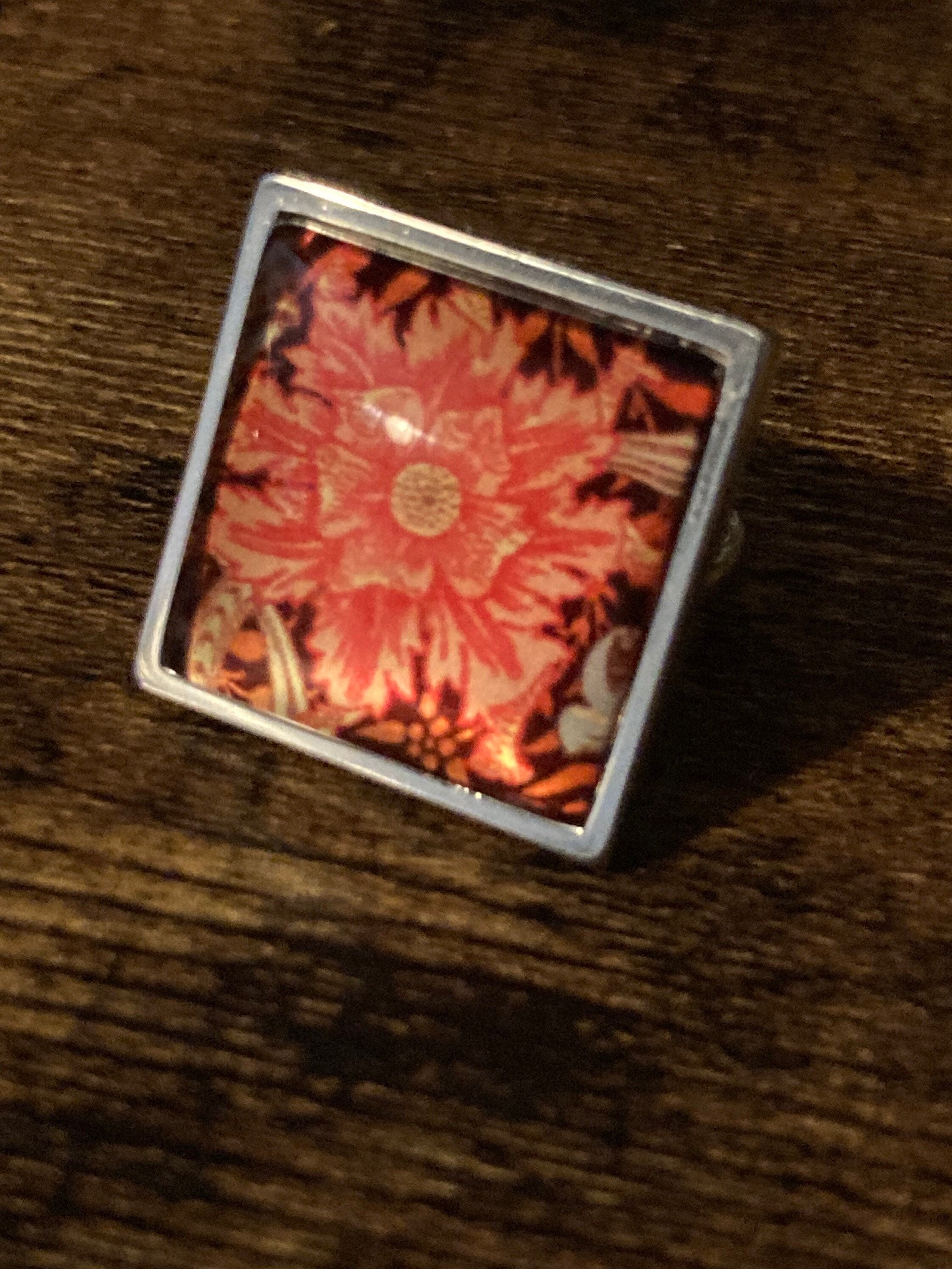 William Morris ring Orange marigold design adjustable Chunky silver tone