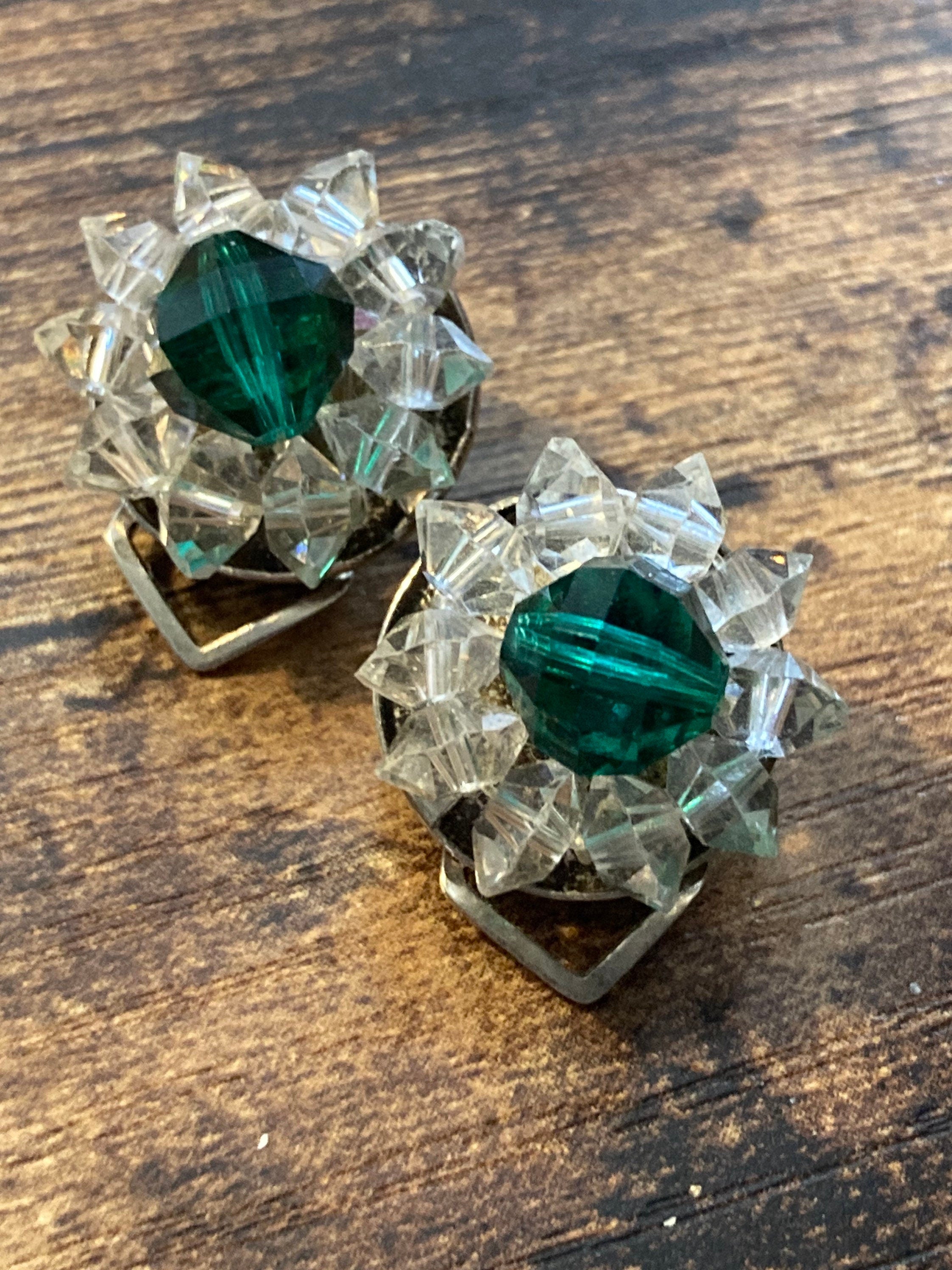 Emerald Green Glass Crystal cluster Stud Clip on Earrings Vintage Czech Rhinestone