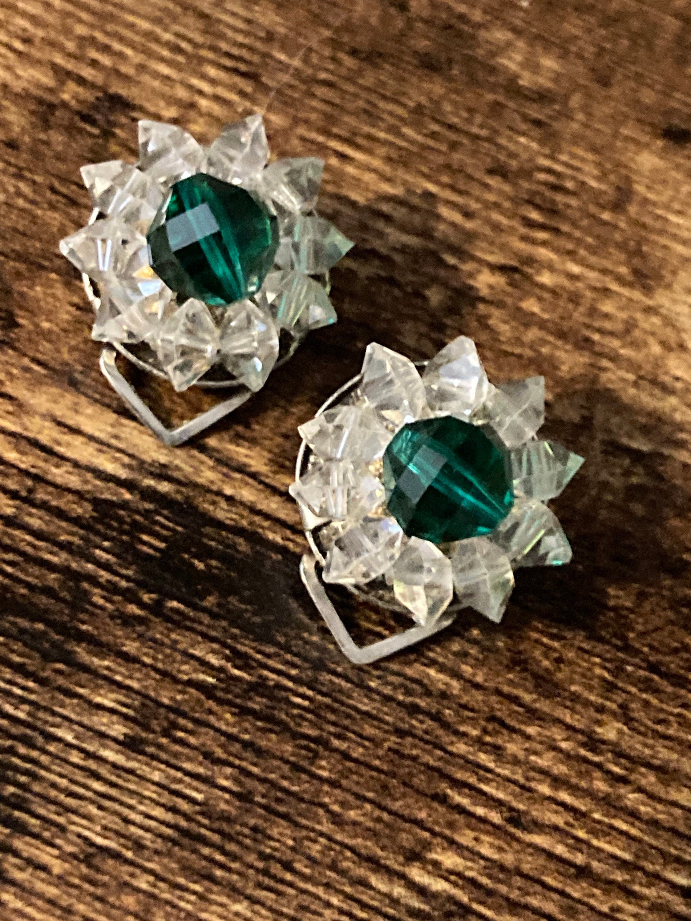 Emerald Green Glass Crystal cluster Stud Clip on Earrings Vintage Czech Rhinestone