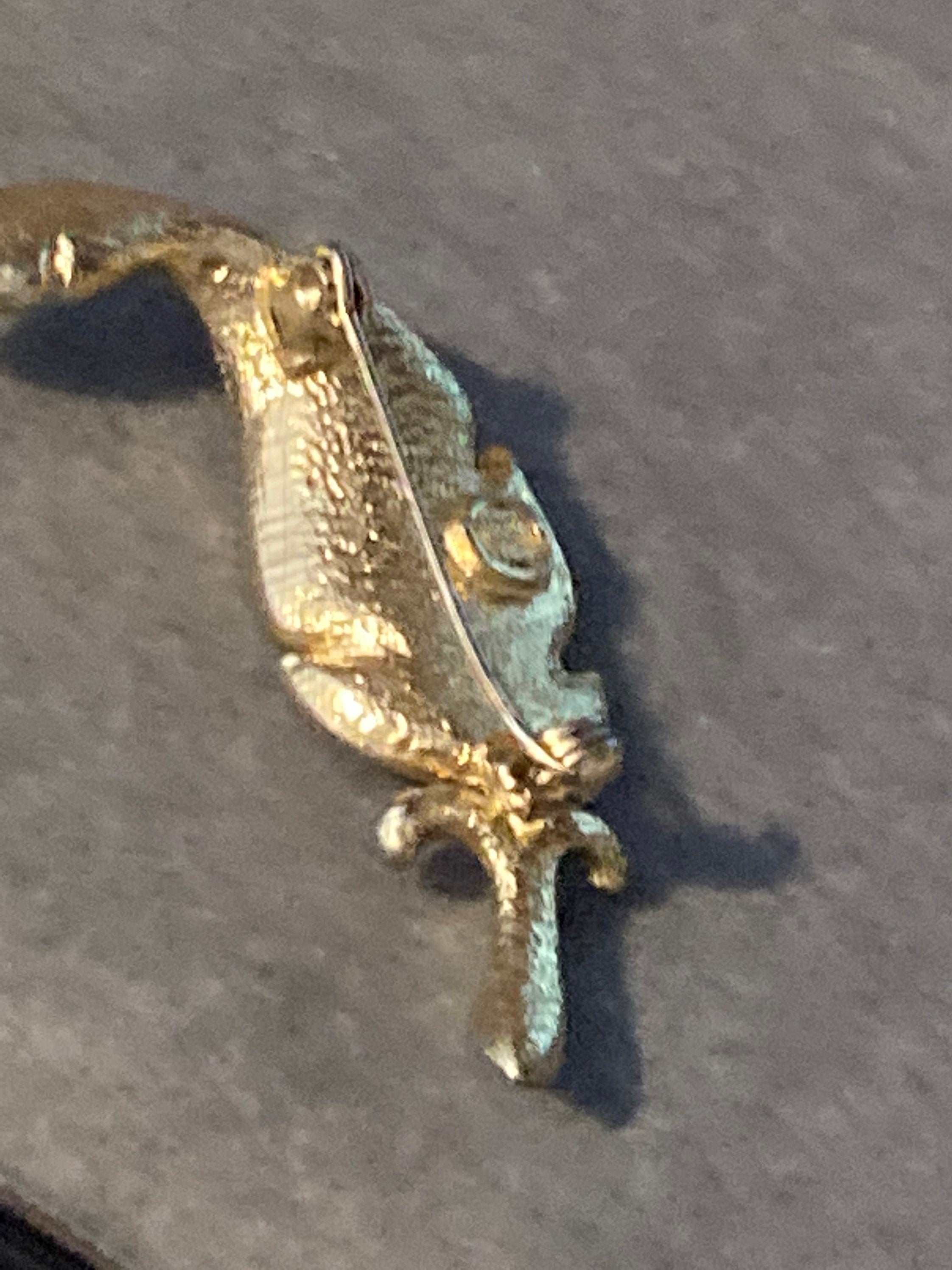 BJ signed clear rhinestone leaf brooch gold tone 1970s 1960s