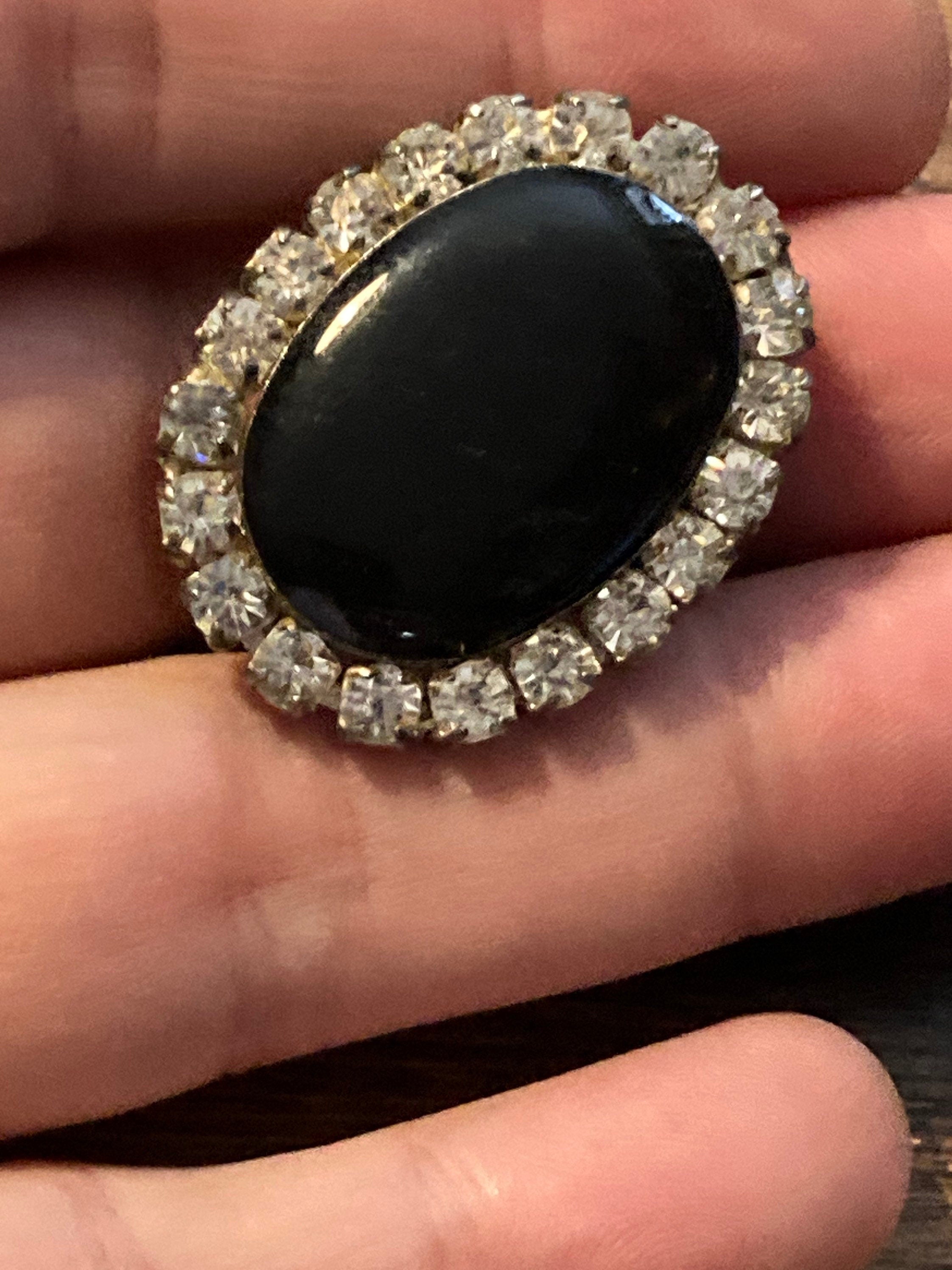 Vintage Monochrome black resin and white clear Rhinestone diamante paste Oval Brooch