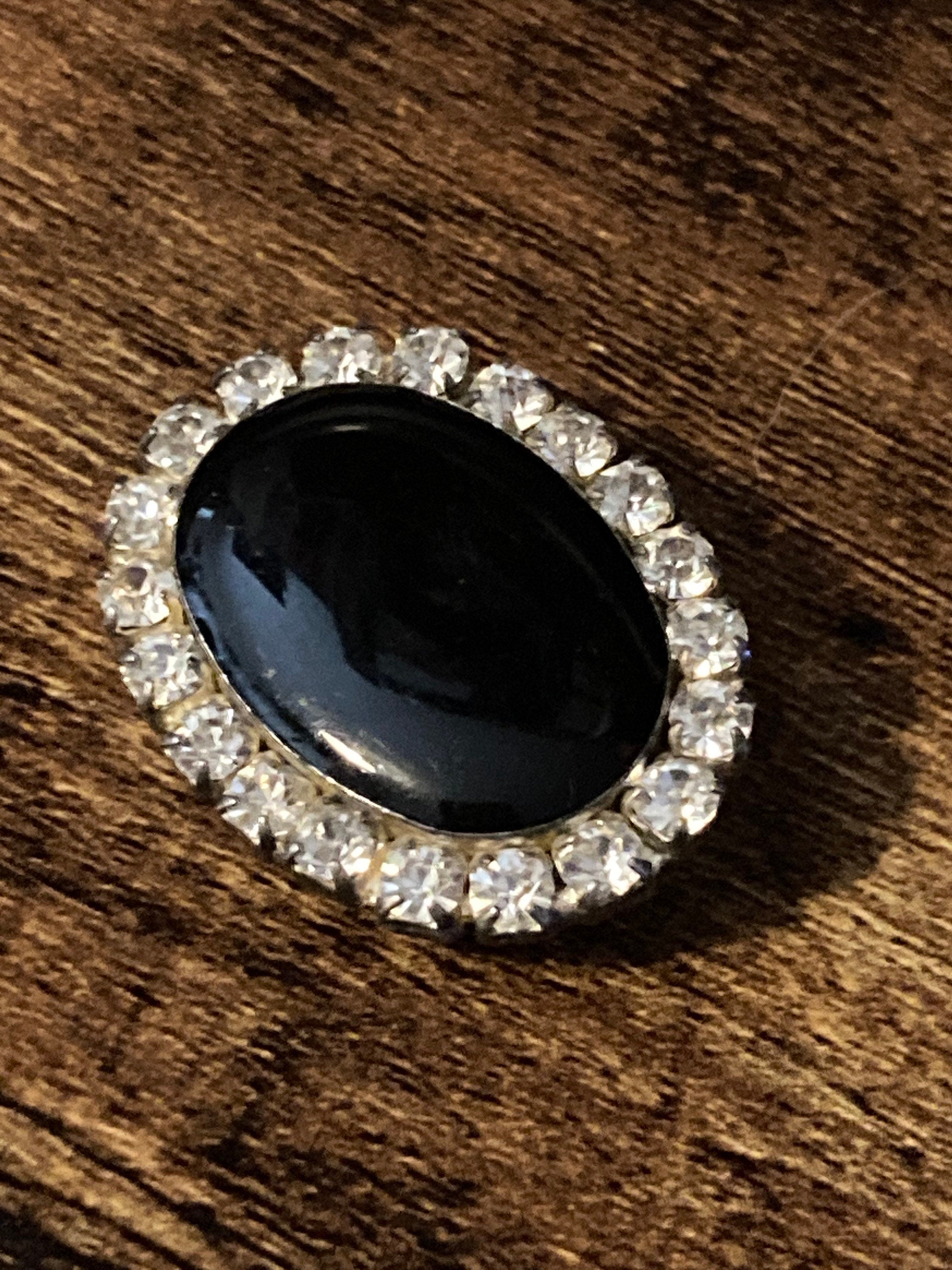 Vintage Monochrome black resin and white clear Rhinestone diamante paste Oval Brooch