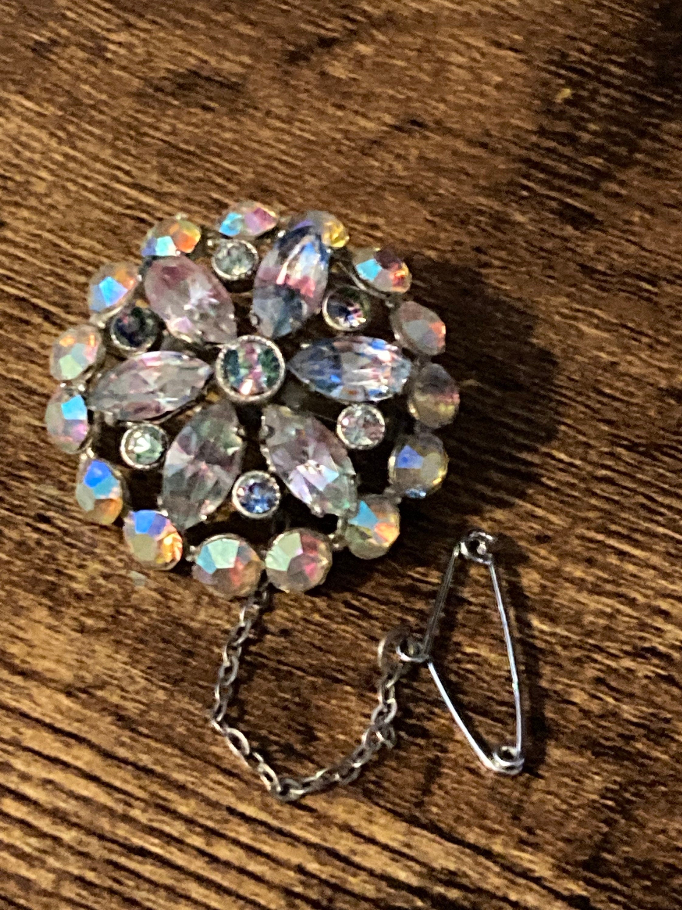 domed AB Aurora borealis watermelon glass rhinestone brooch silver tone Vintage MCM