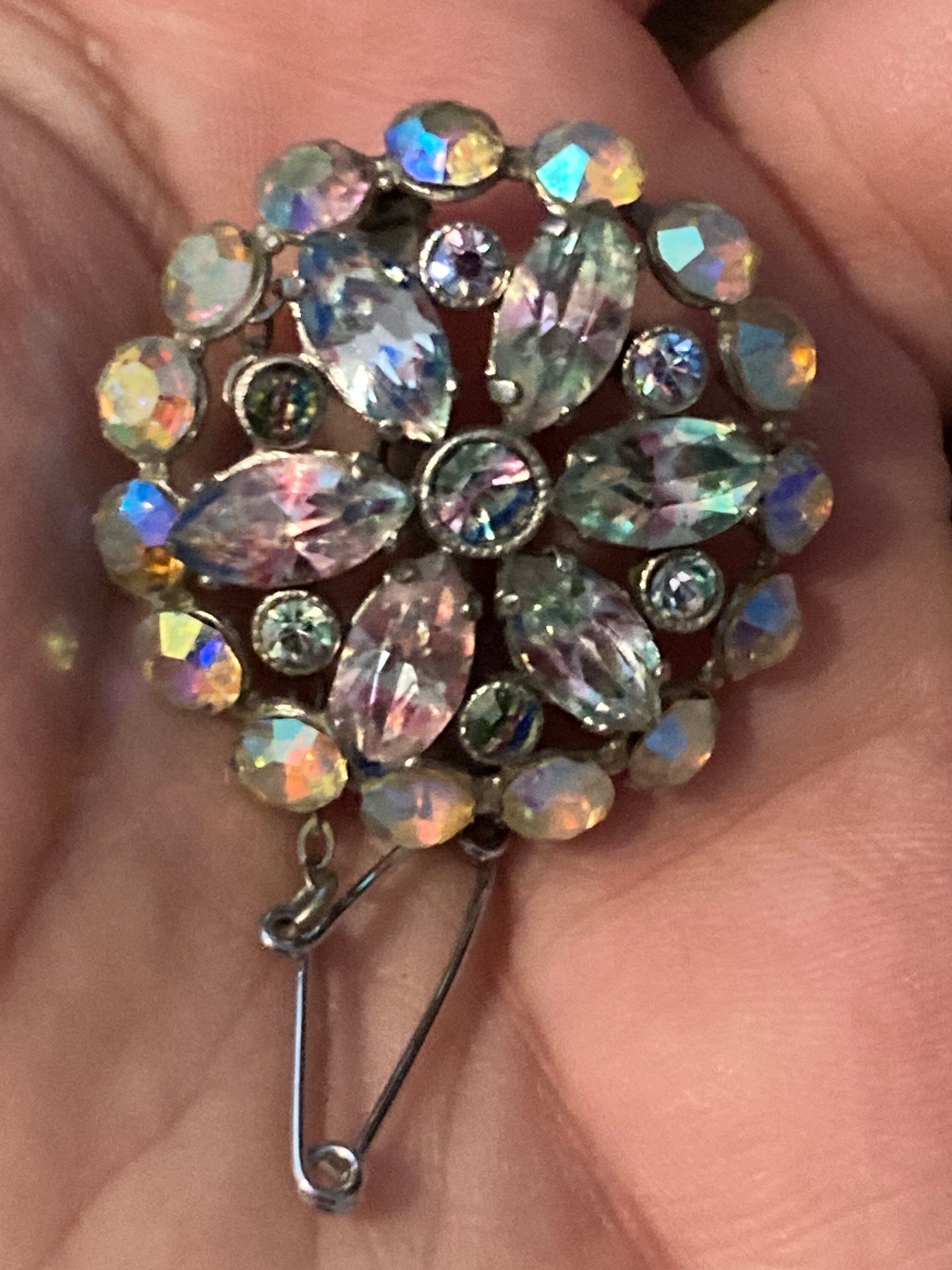 domed AB Aurora borealis watermelon glass rhinestone brooch silver tone Vintage MCM