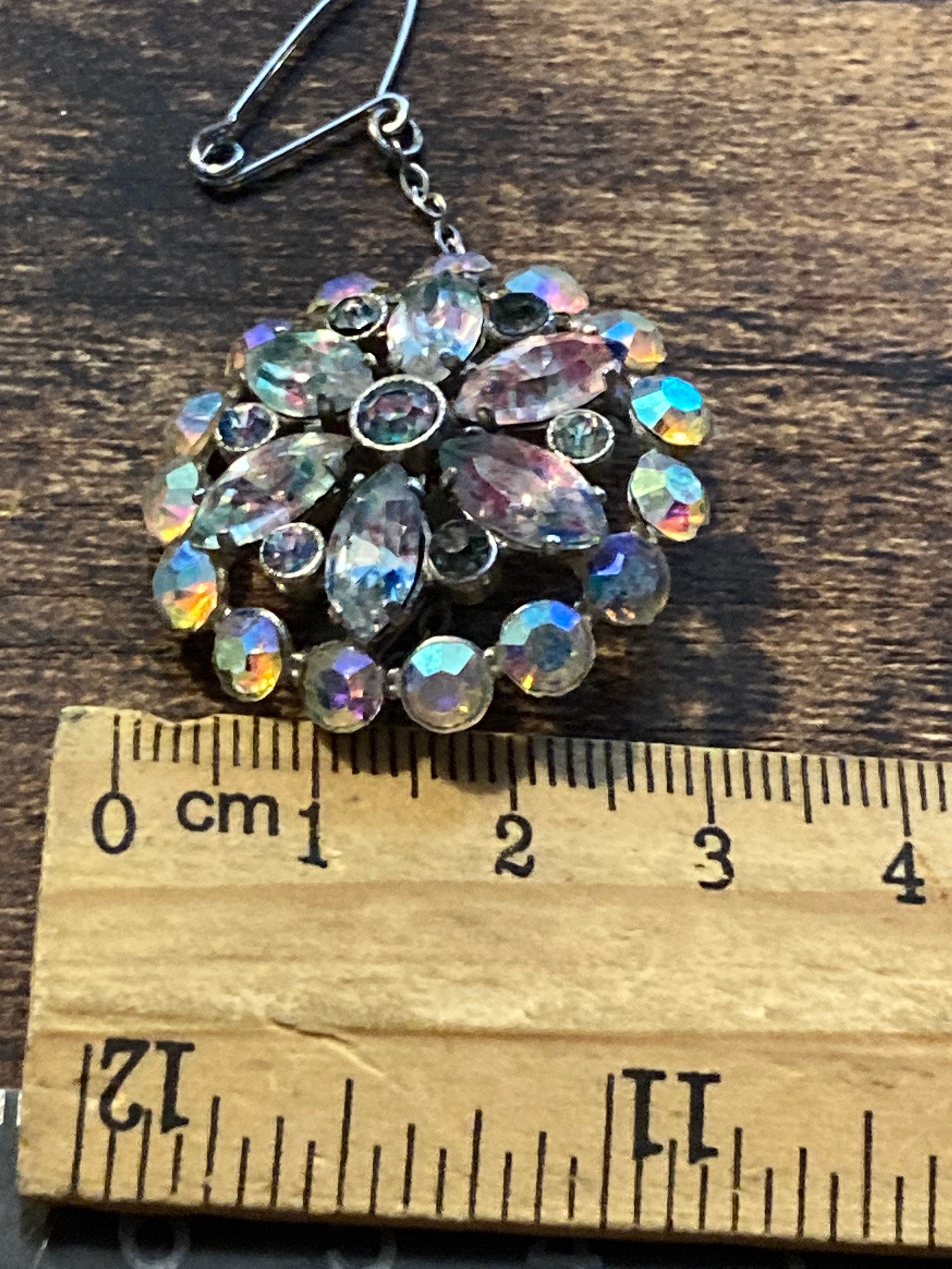 domed AB Aurora borealis watermelon glass rhinestone brooch silver tone Vintage MCM
