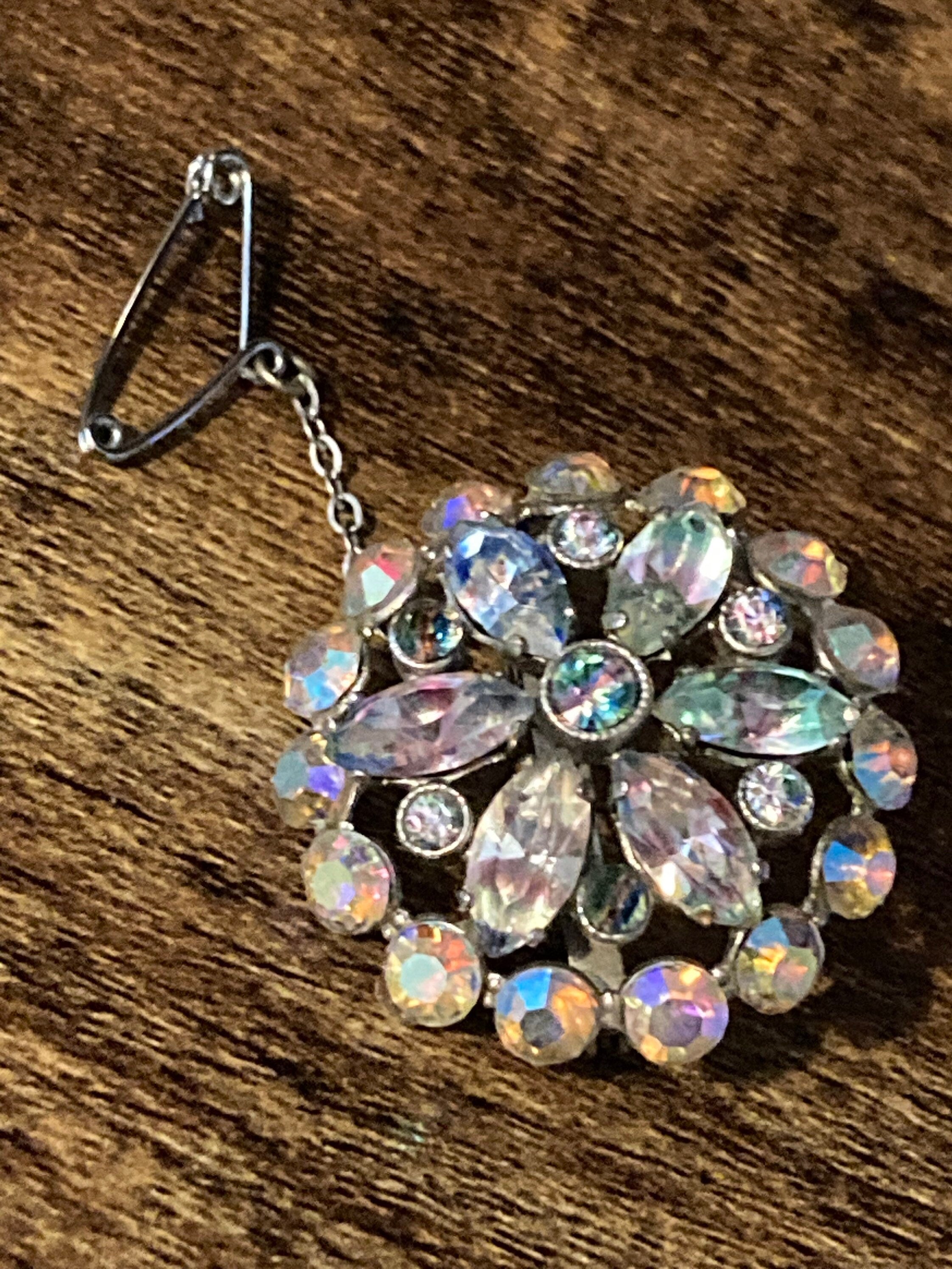 domed AB Aurora borealis watermelon glass rhinestone brooch silver tone Vintage MCM