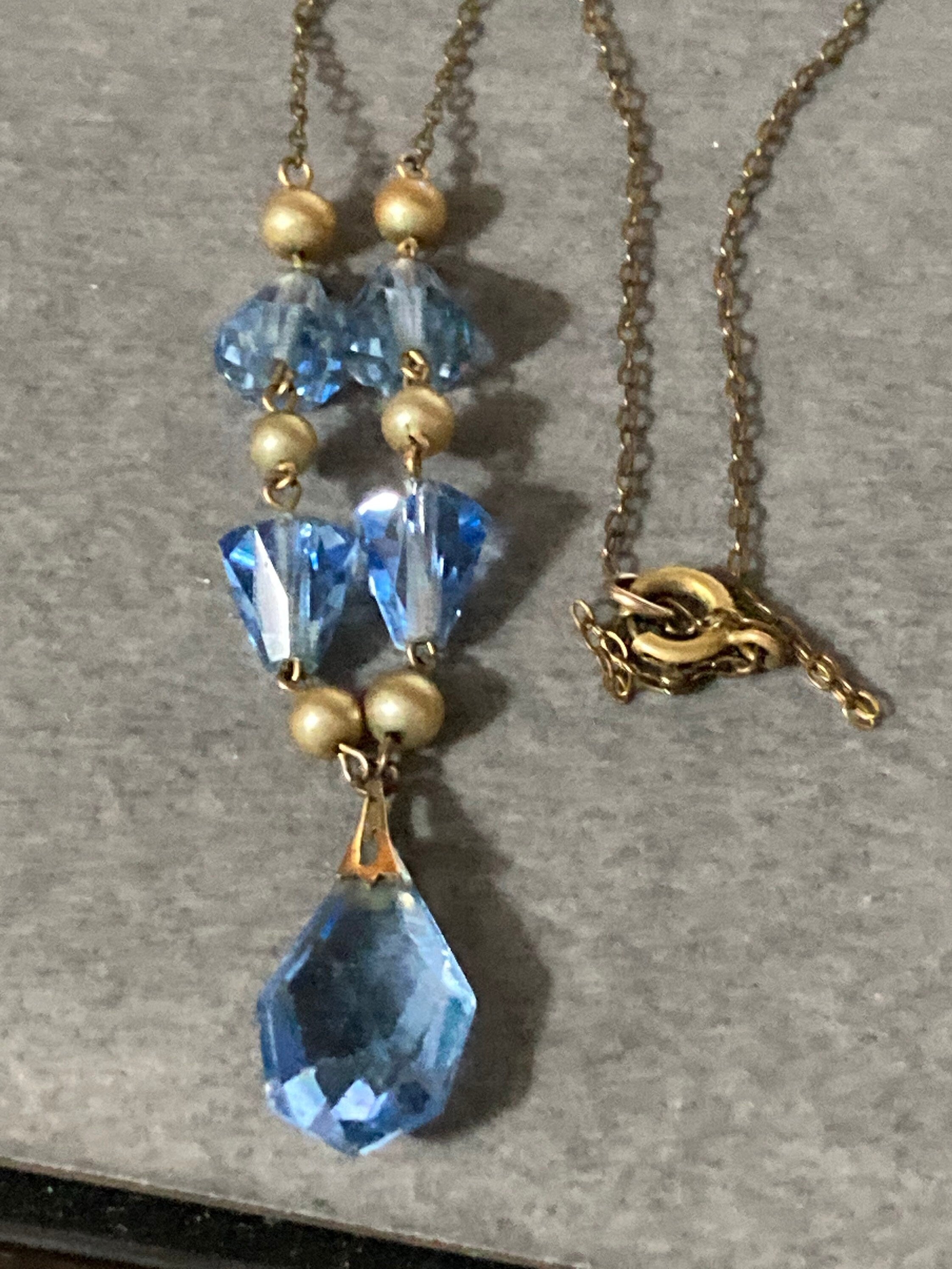 Art Deco Czech sapphire blue and clear crystal faux Pearl Necklace