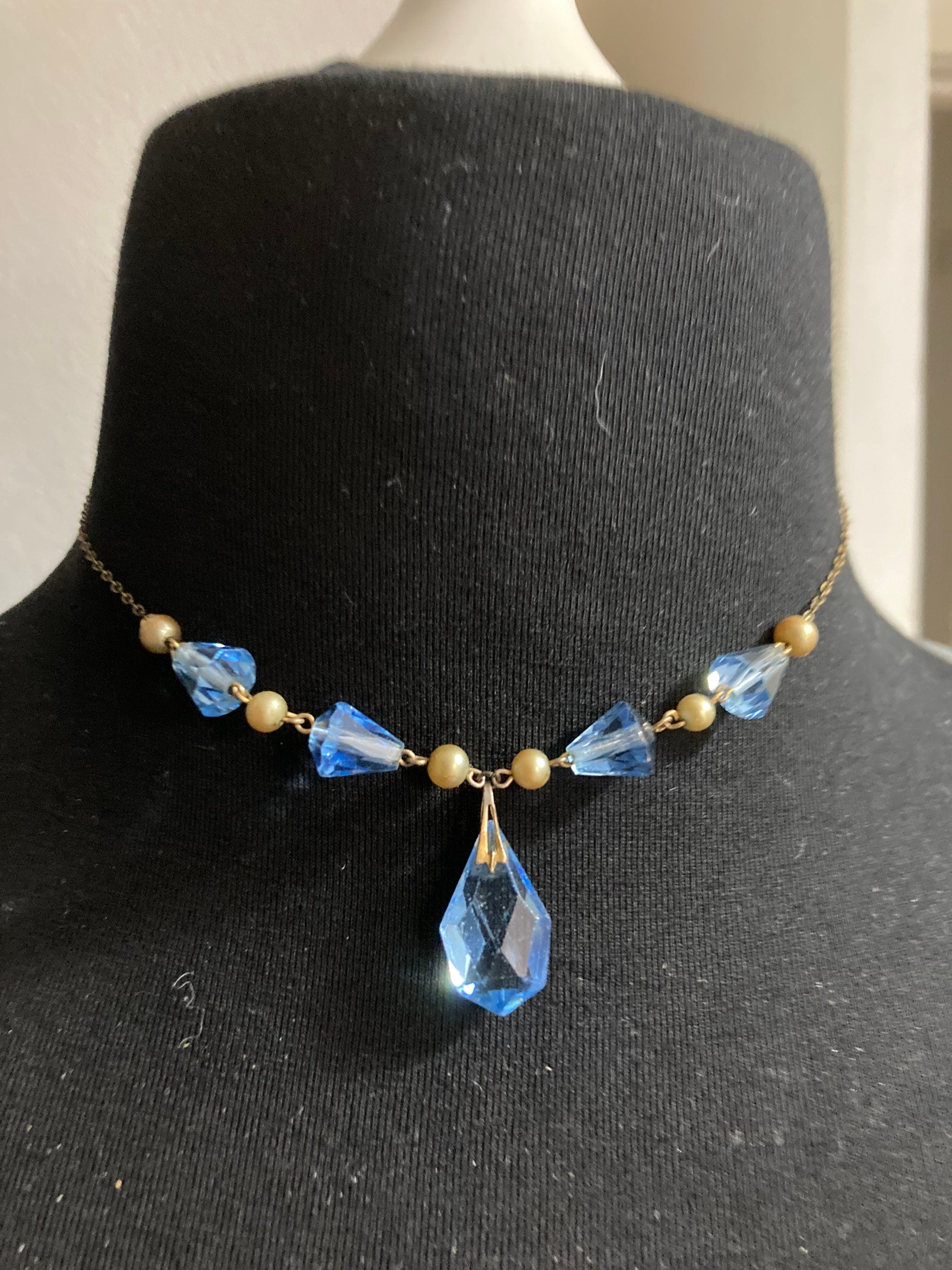 Art Deco Czech sapphire blue and clear crystal faux Pearl Necklace