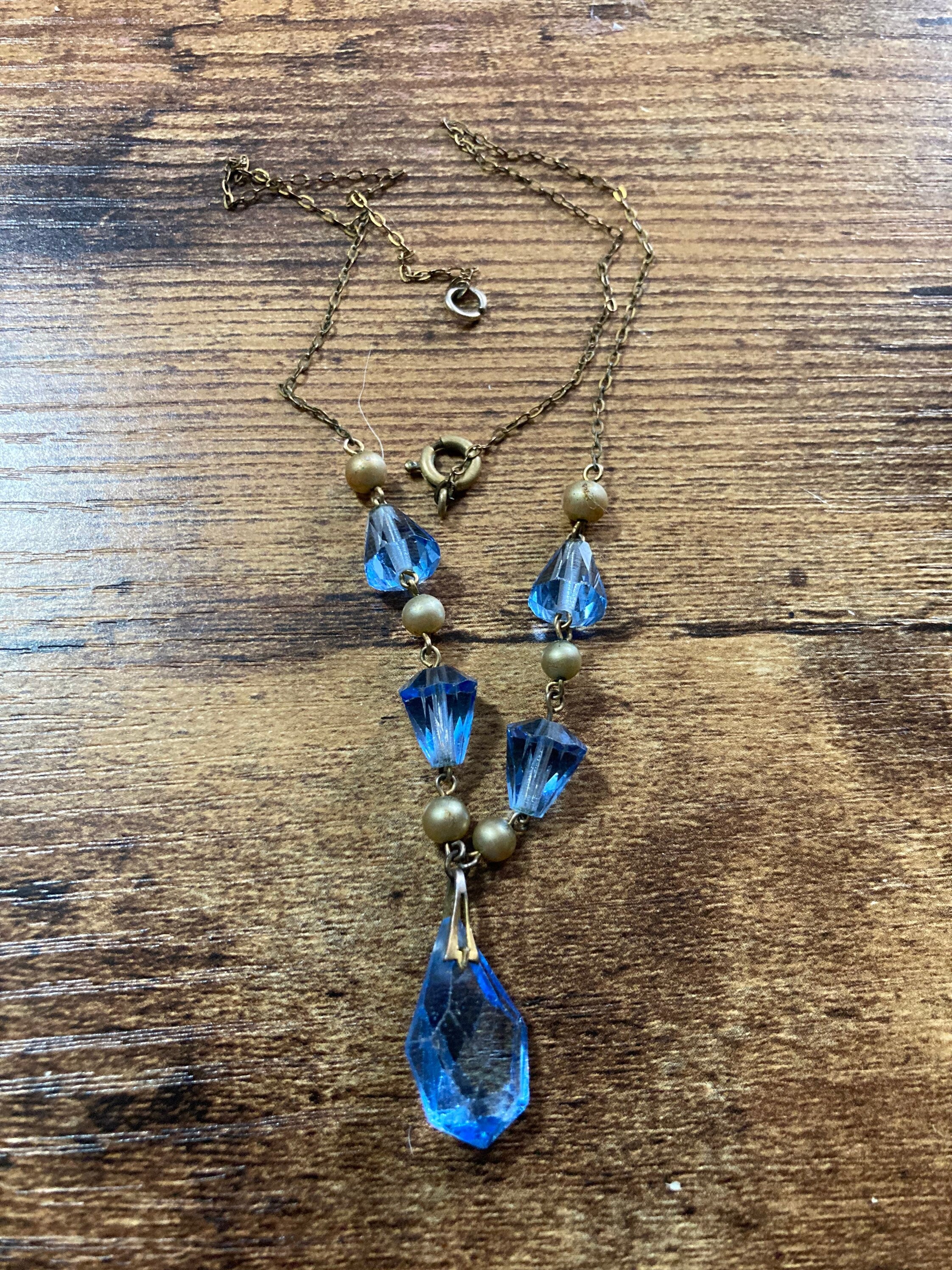 Art Deco Czech sapphire blue and clear crystal faux Pearl Necklace