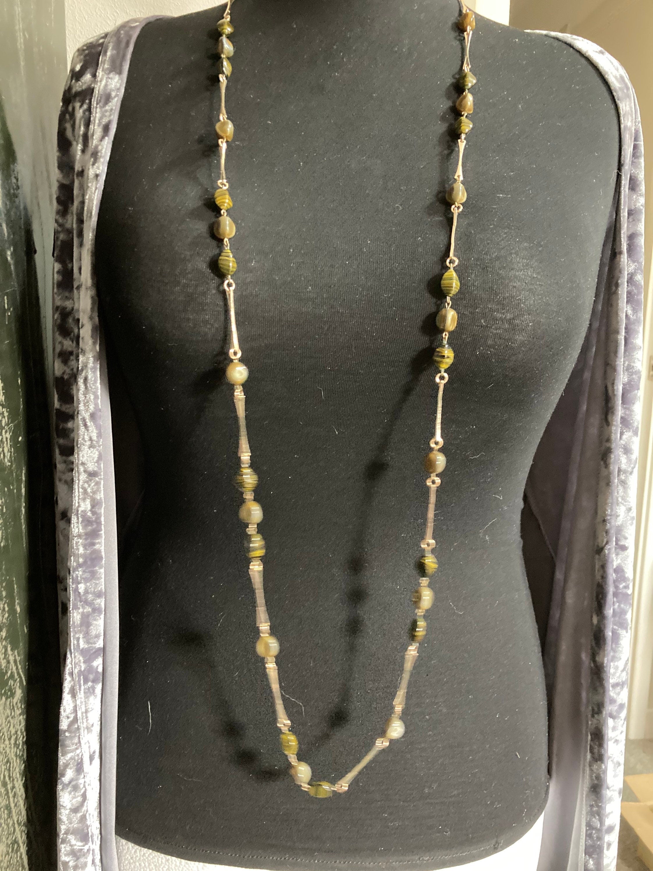 gold tone metal station chain link necklace minimalist green brown glass beads