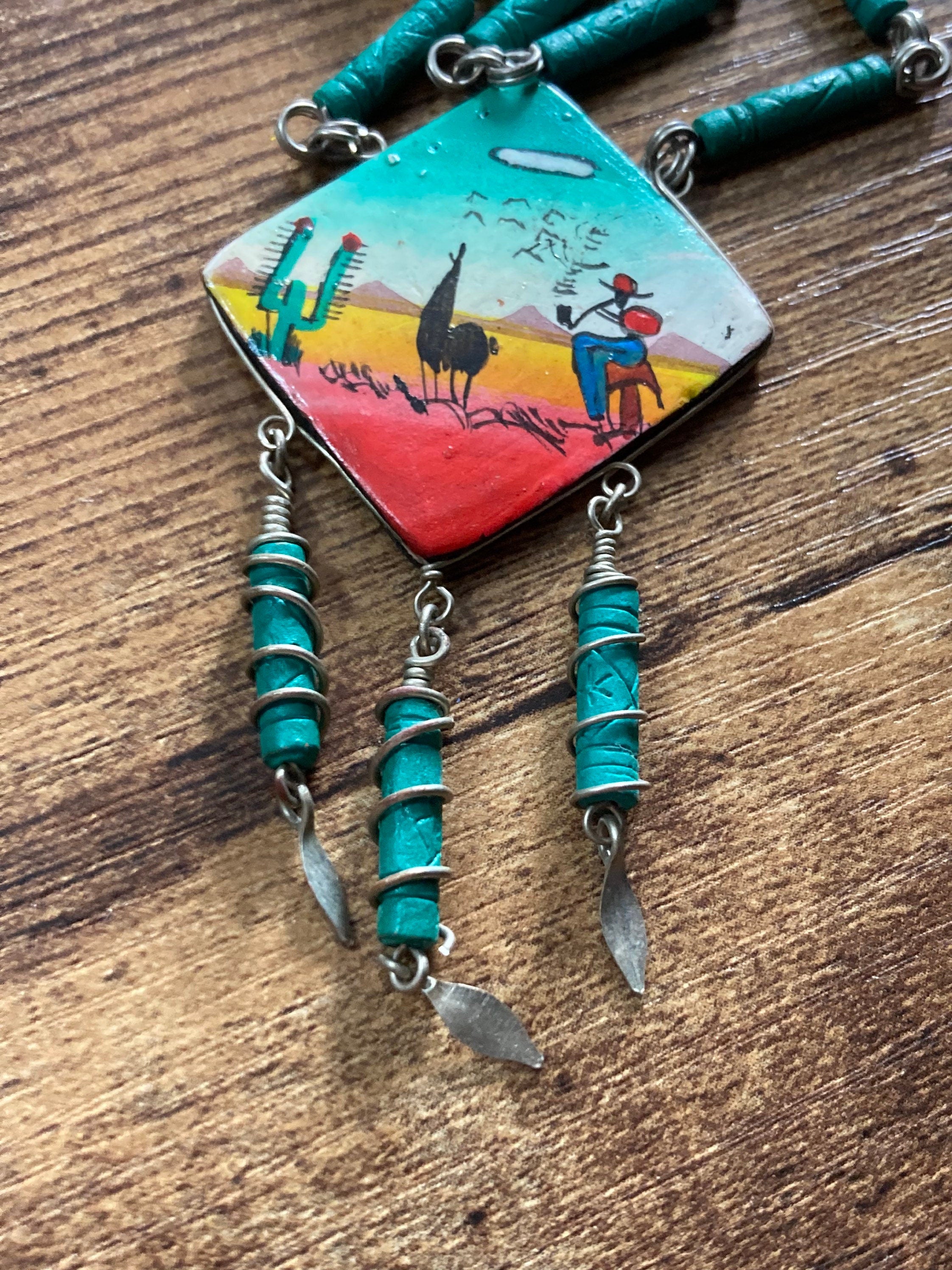 Vintage hand painted Egyptian wooden green beaded pendant necklace camel desert scene