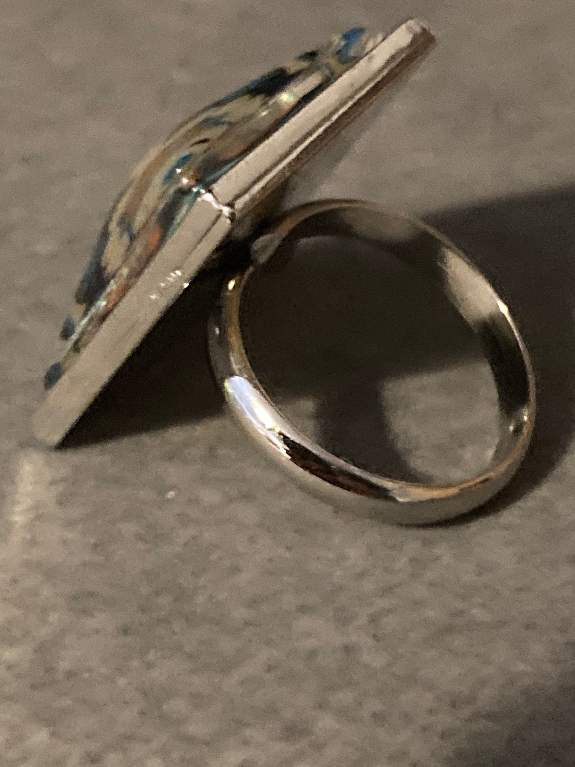 Victorian tile ring oversized silver tone 2cm square glass cabochon ring adj size N O P Q R S