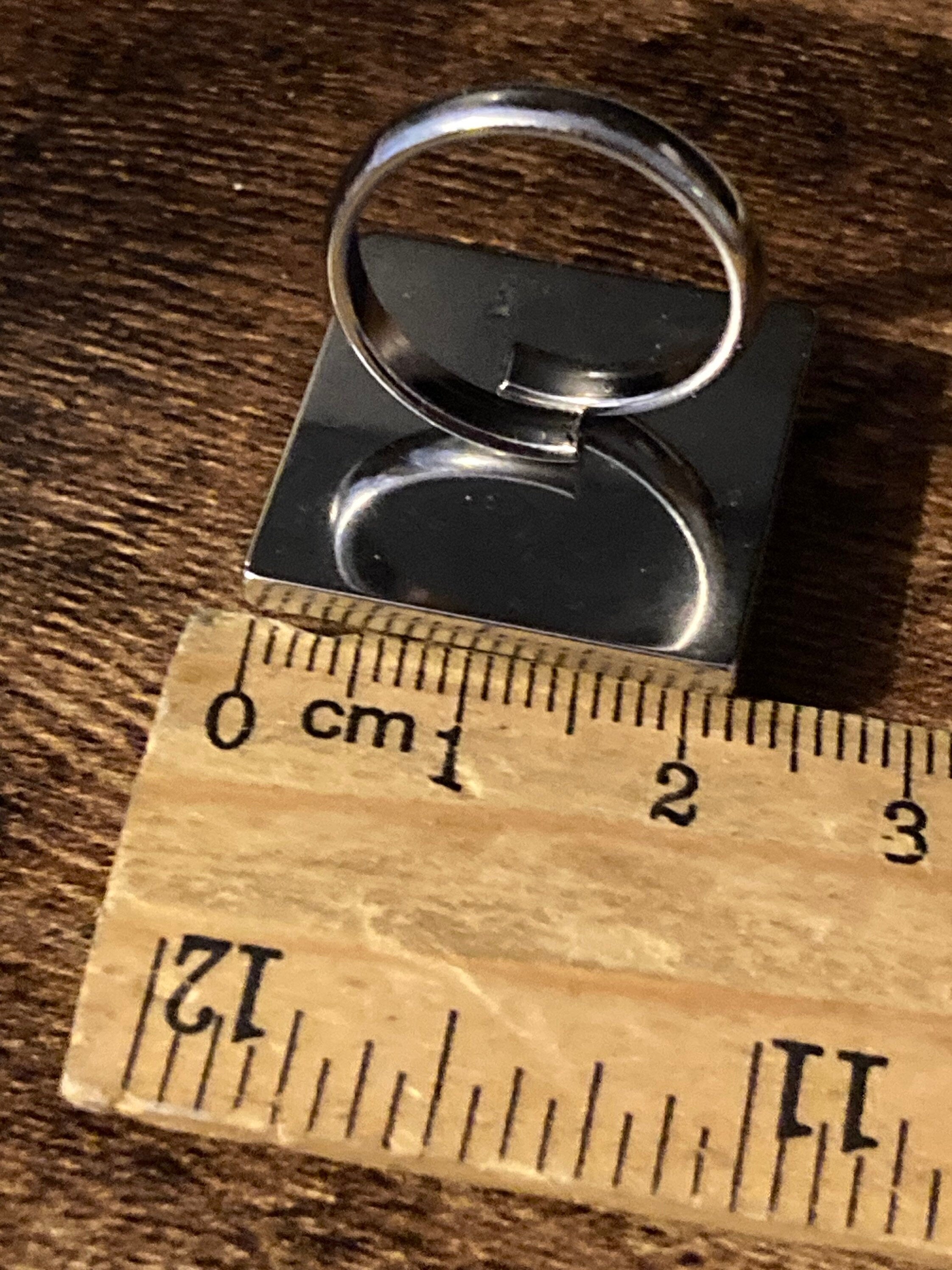 Victorian tile ring oversized silver tone 2cm square glass cabochon ring adj size N O P Q R S