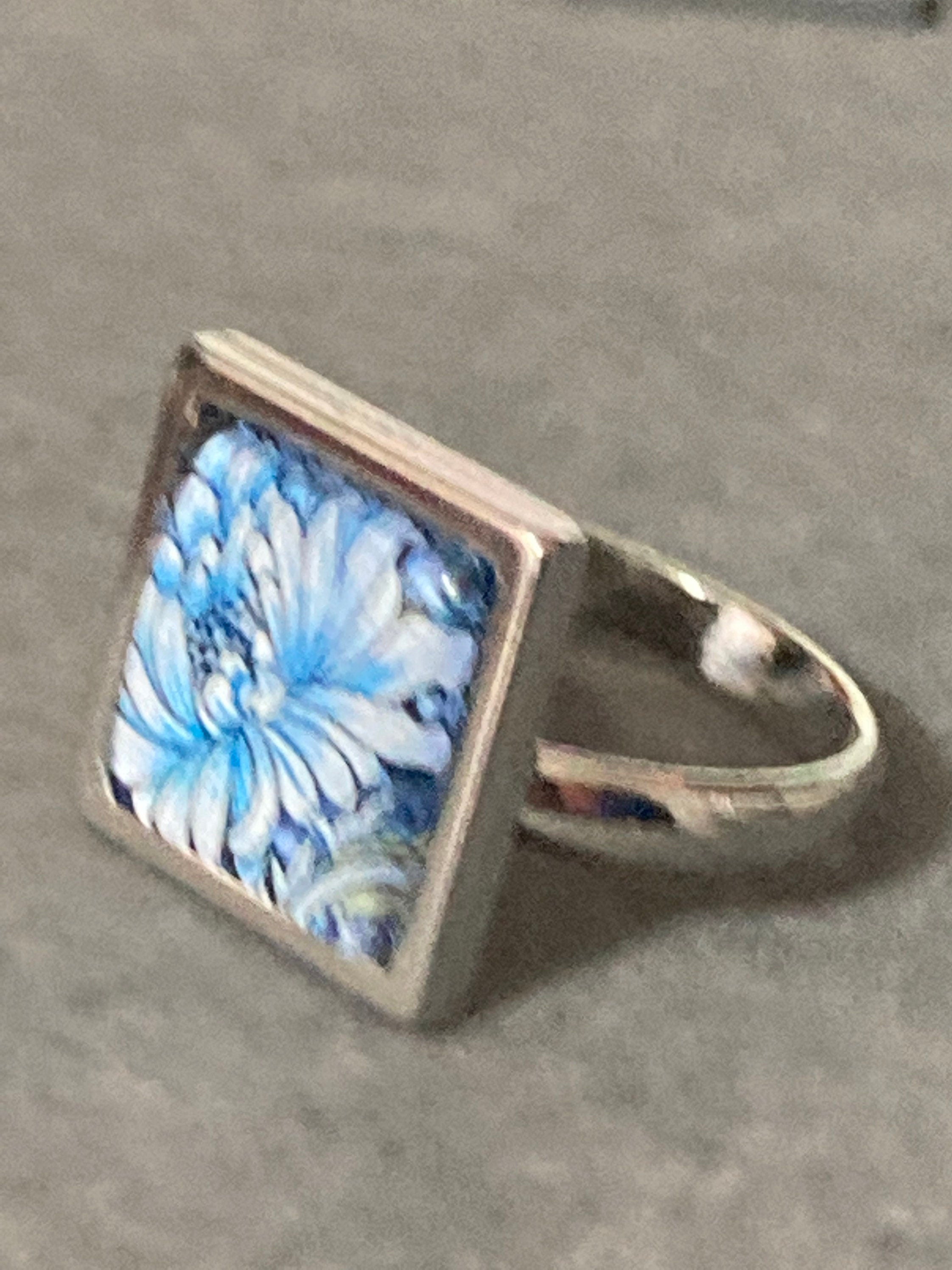 William morris print ring stainless steel blue floral square glass adj size N O P Q R S
