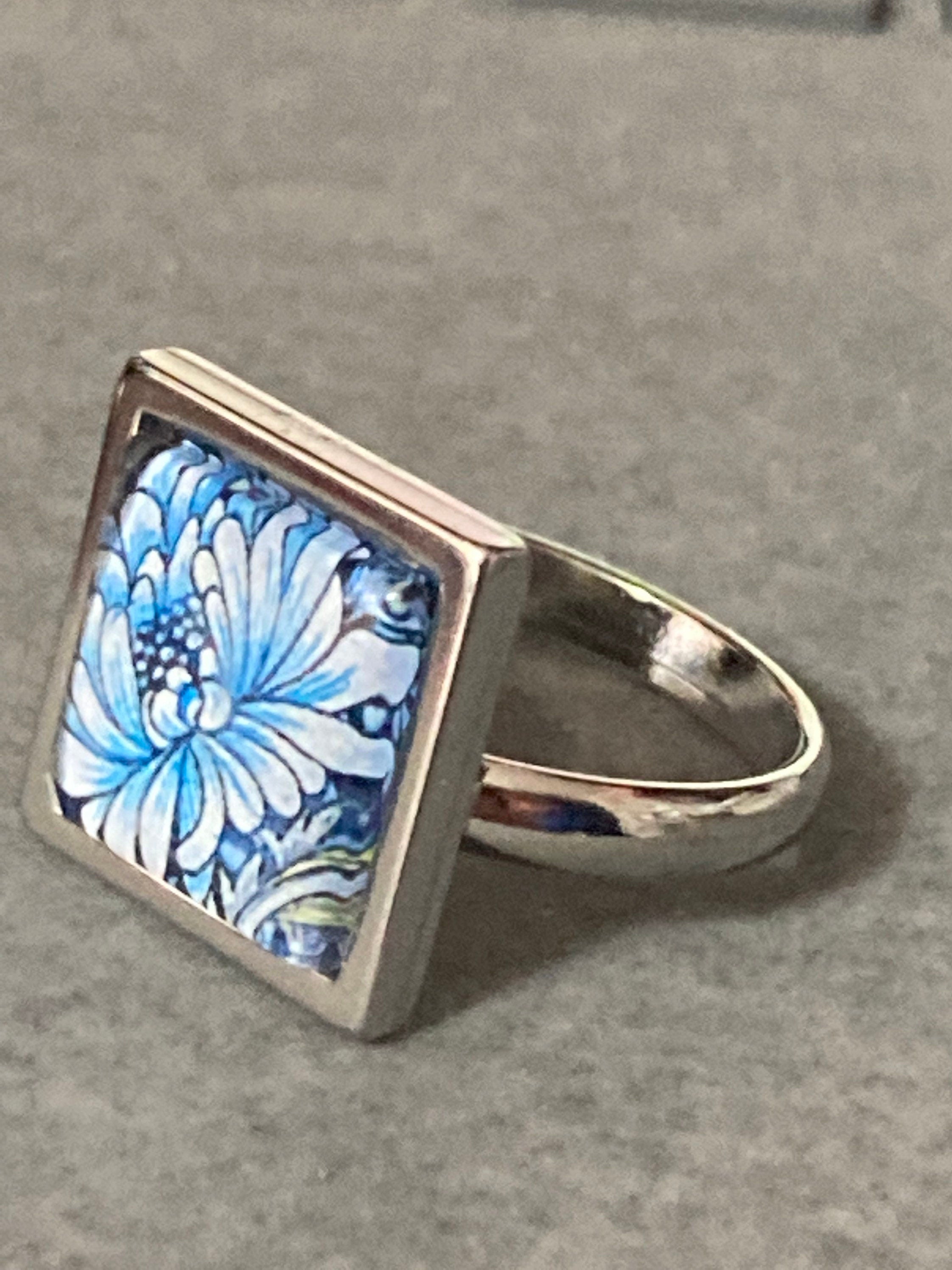William morris print ring stainless steel blue floral square glass adj size N O P Q R S
