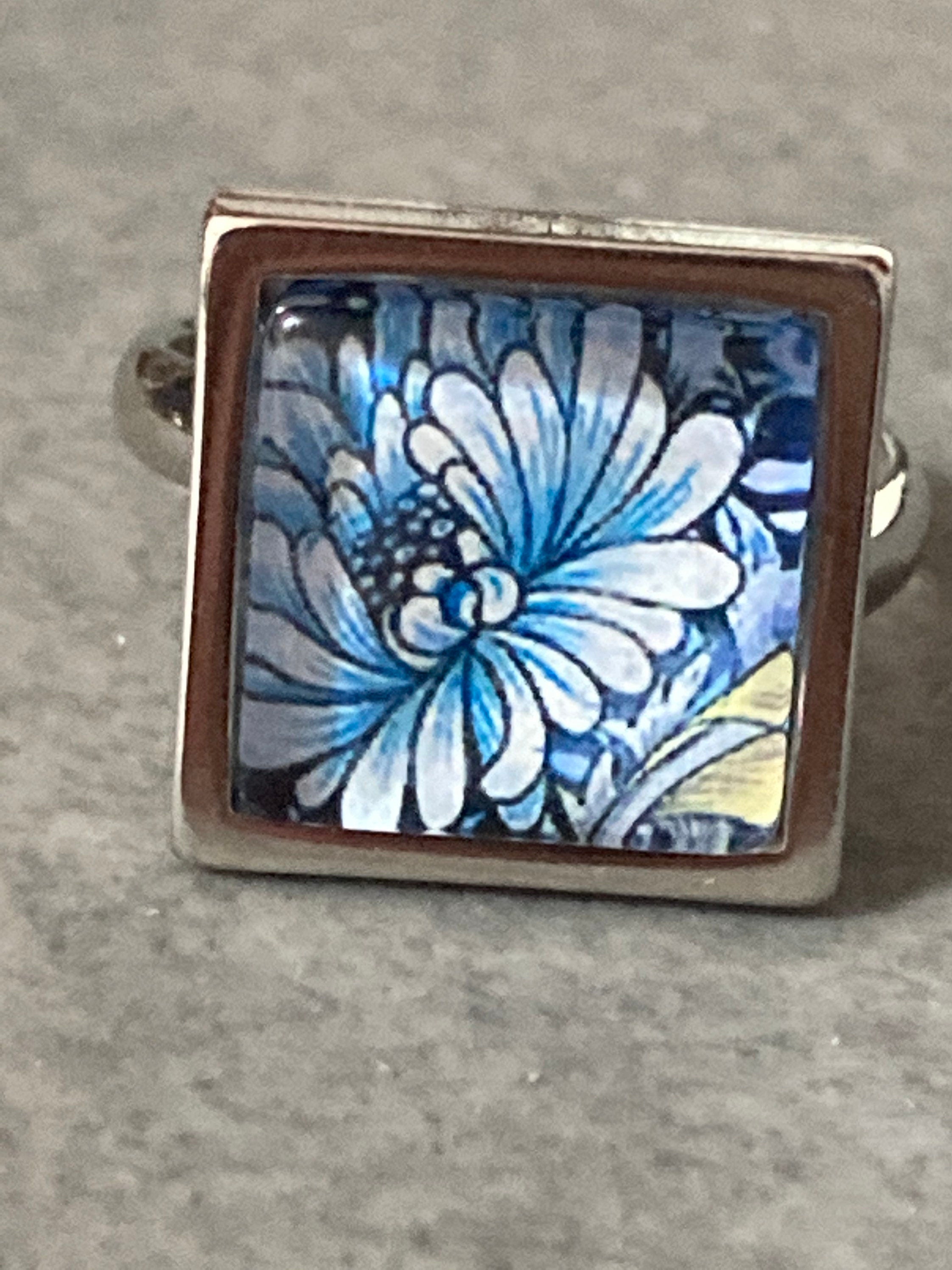 William morris print ring stainless steel blue floral square glass adj size N O P Q R S