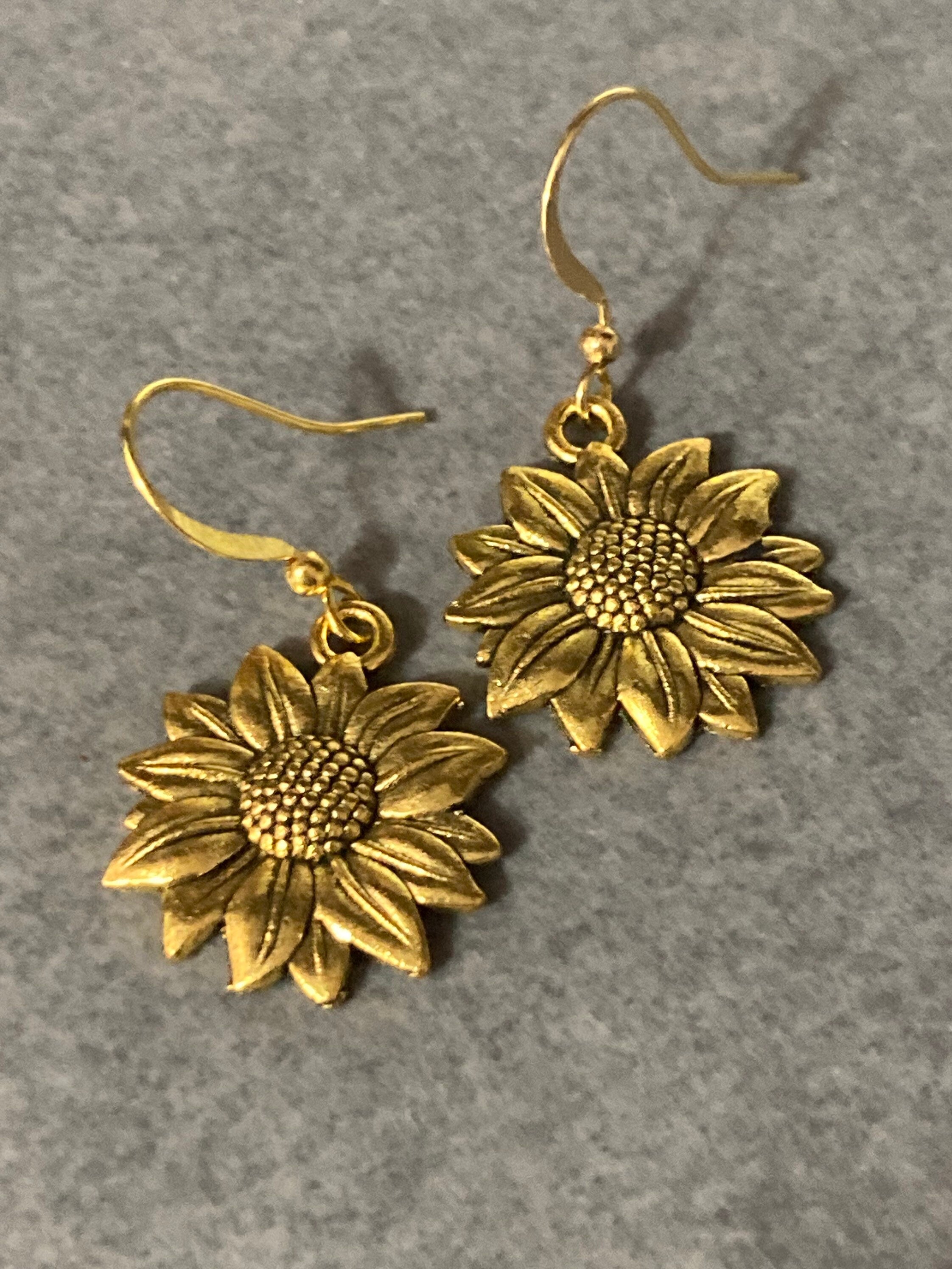 gold tone sunflower drop flower earrings