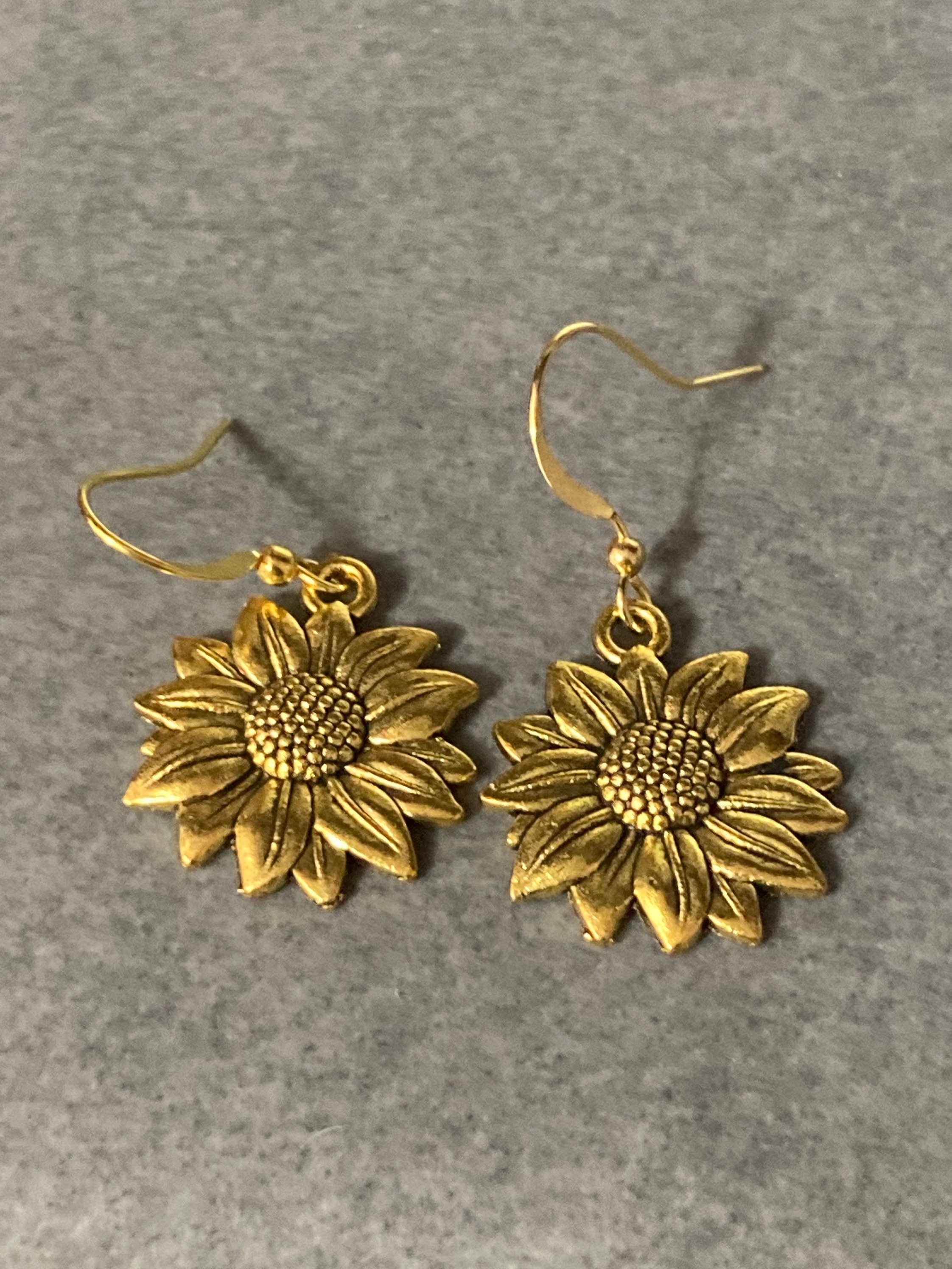 gold tone sunflower drop flower earrings