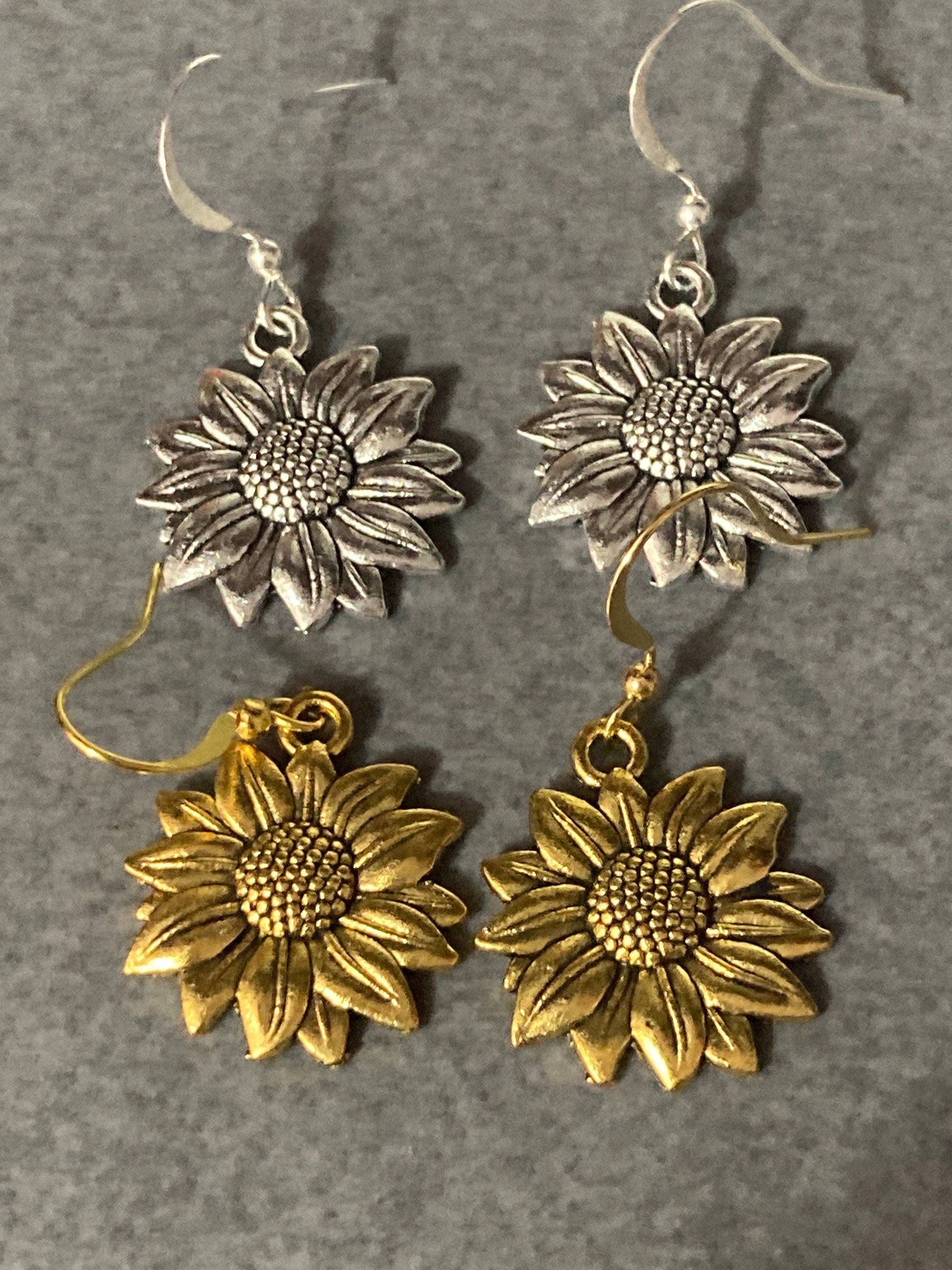 gold tone sunflower drop flower earrings