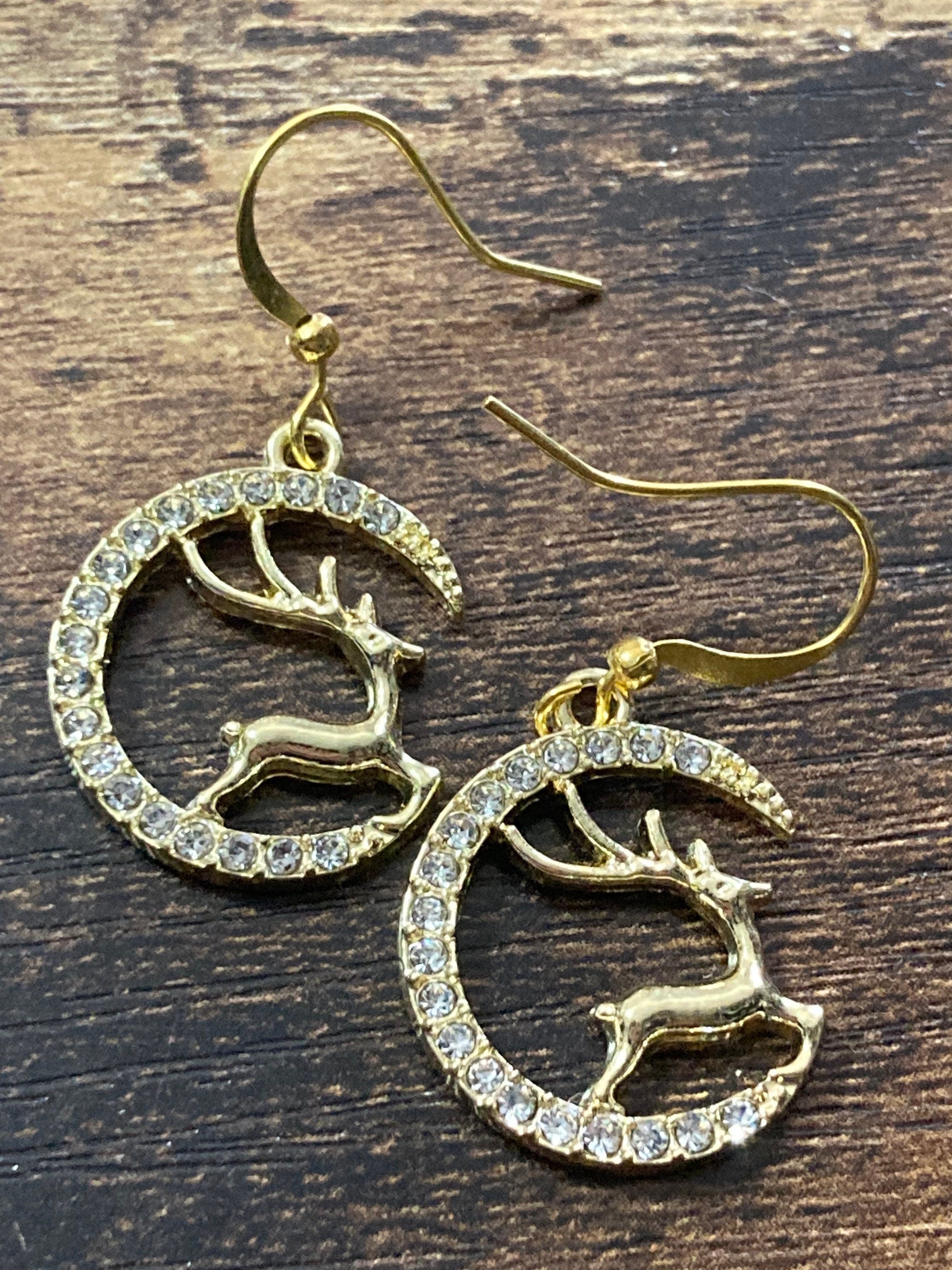 Christmas flying reindeer clear diamanté bling drop earrings l