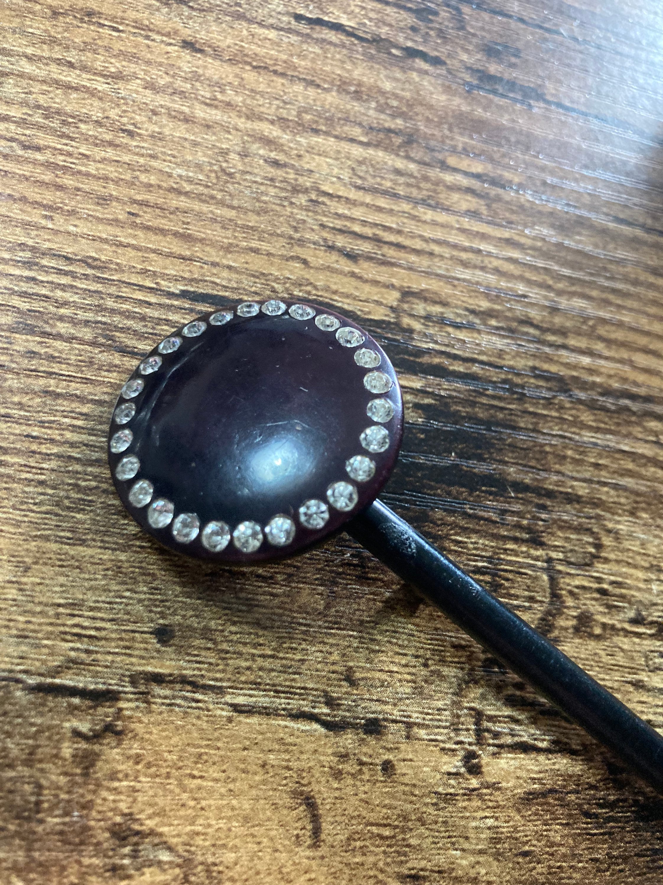True Art Deco hat flash pin diamante paste rhinestone set black bakelite or early plastic