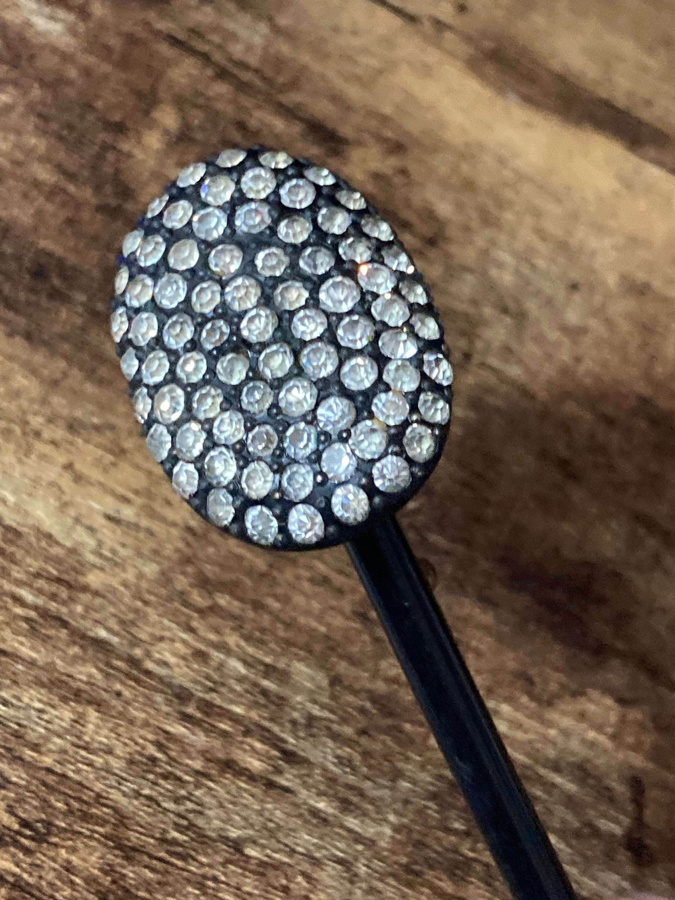 True Art Deco hat flash pin diamante paste rhinestone set black bakelite or early plastic
