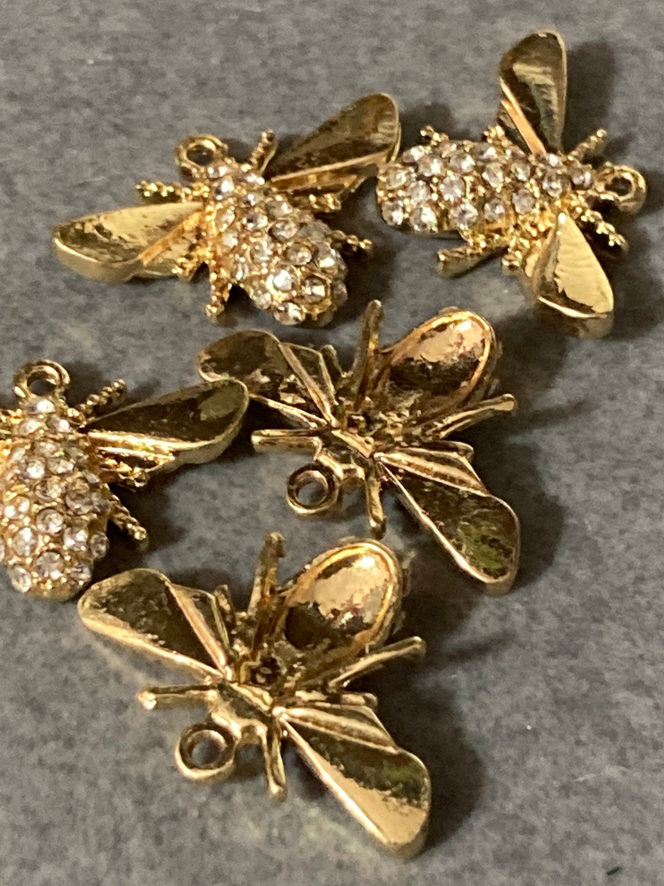 Set of 5 gold flat back diamanté crystal bumble bee jewellery charm