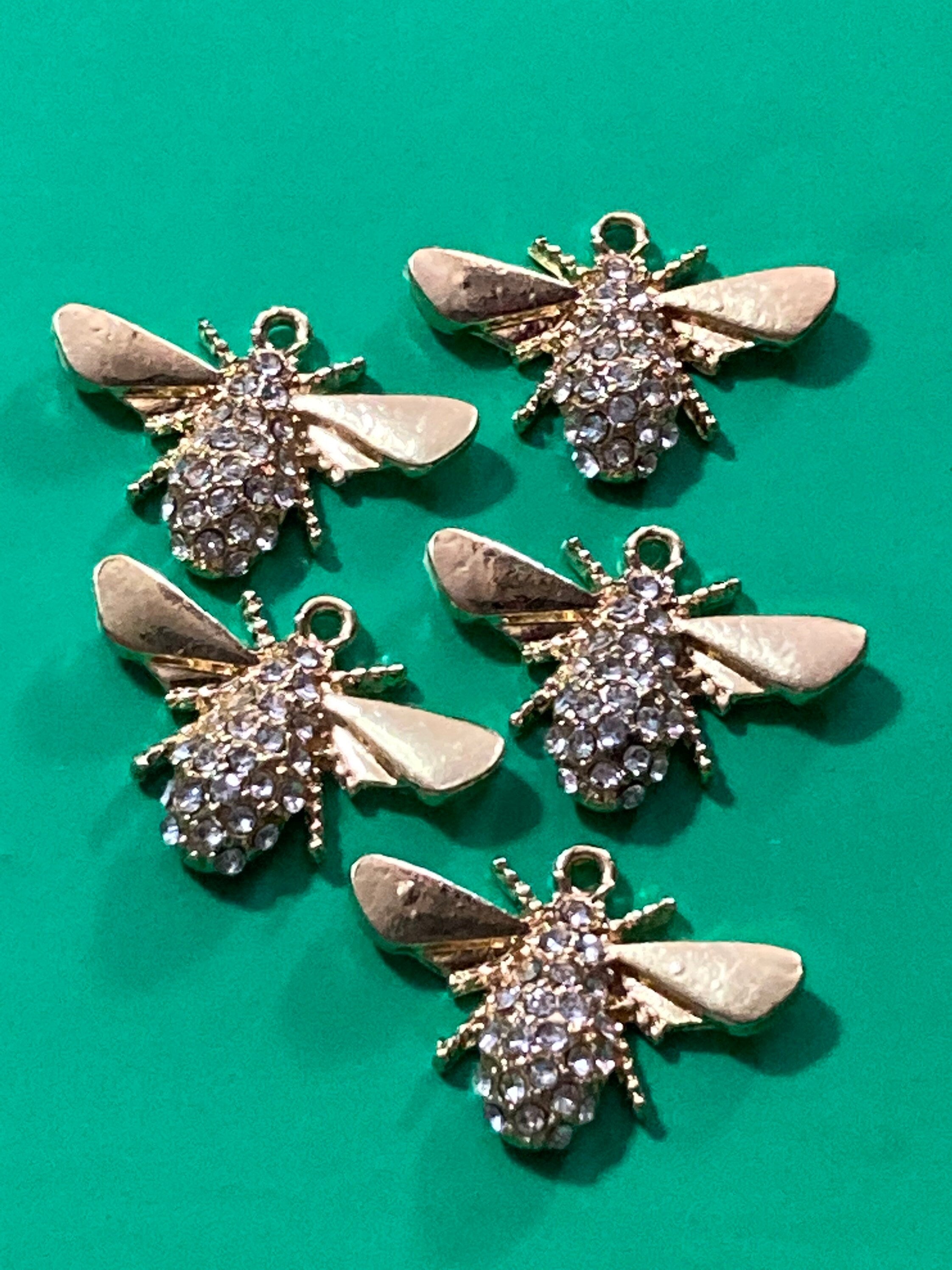 Set of 5 gold flat back diamanté crystal bumble bee jewellery charm