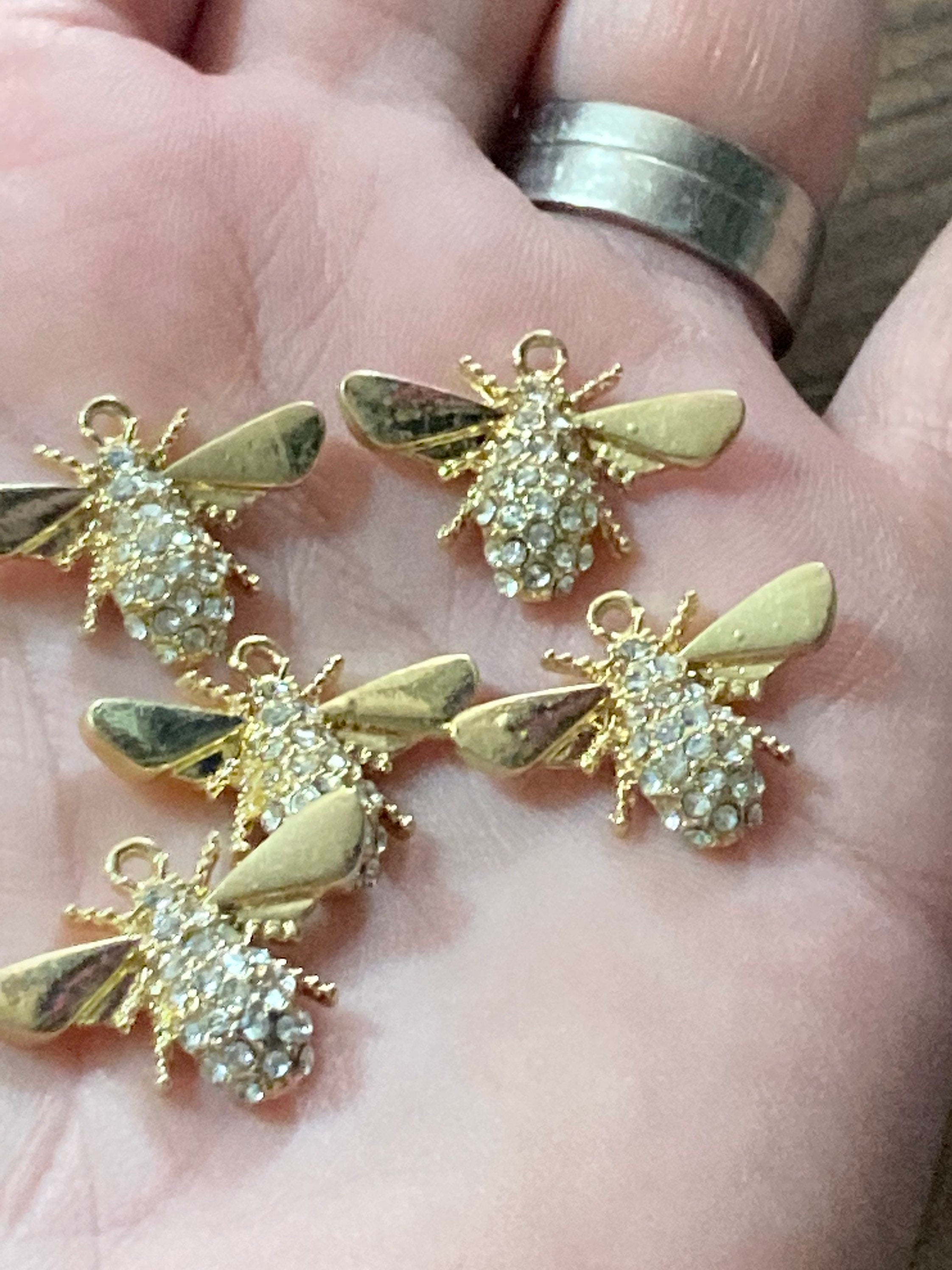 Set of 5 gold flat back diamanté crystal bumble bee jewellery charm