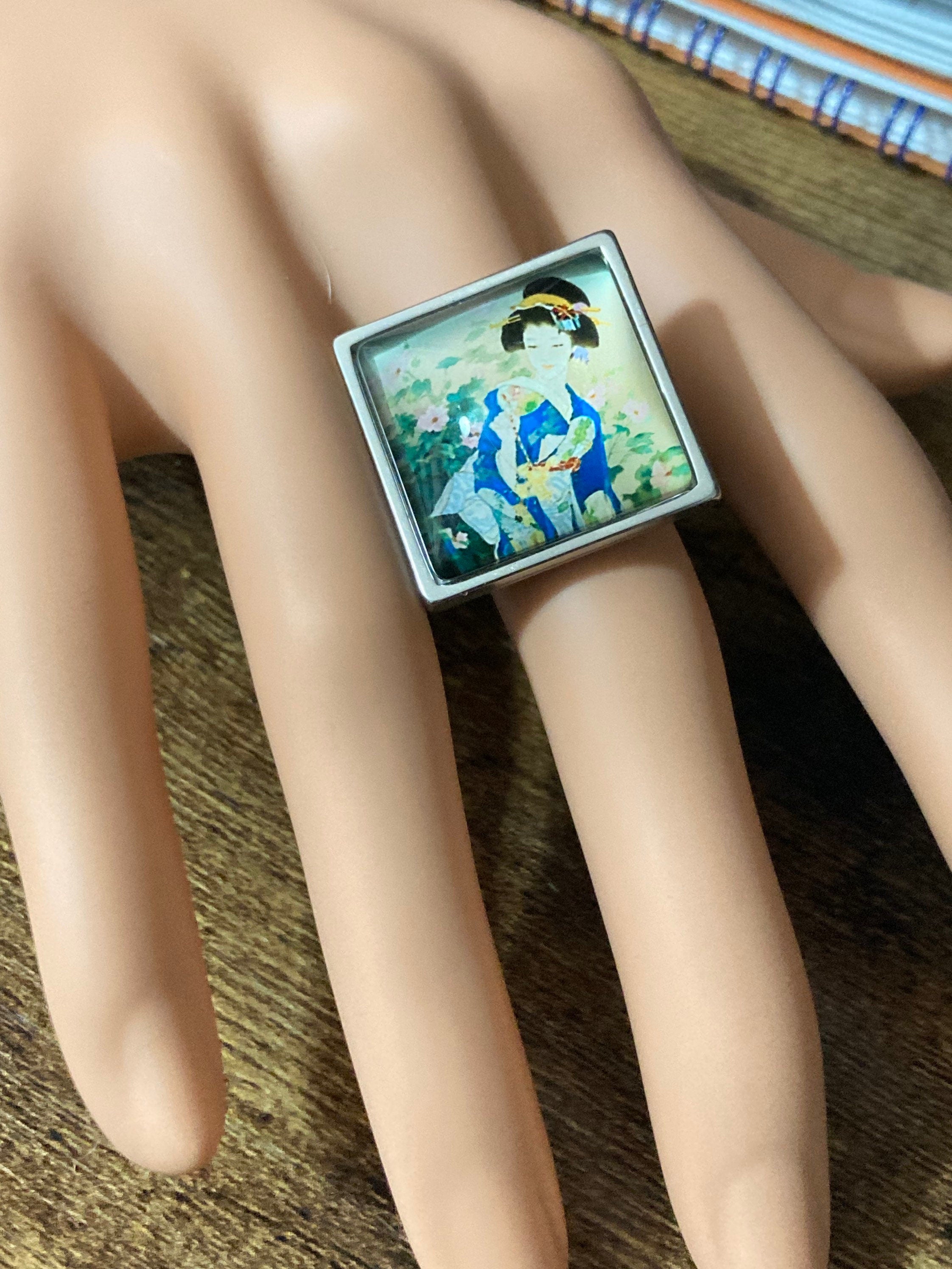 Japanese geisha girl ring adjustable blue stainless steel