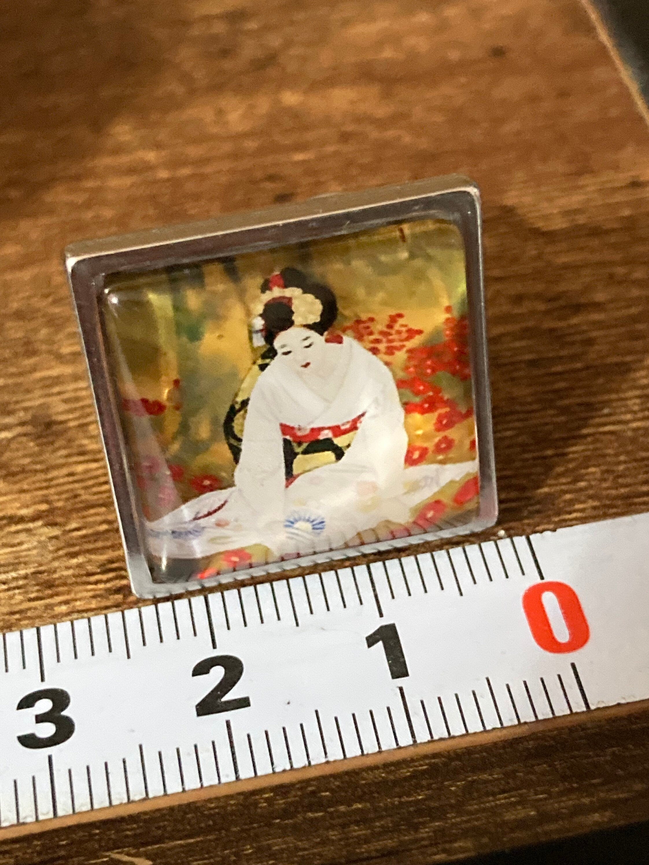 Oversized Stainless Steel Geisha Girl Ring: Modernist Glass Cabochon
