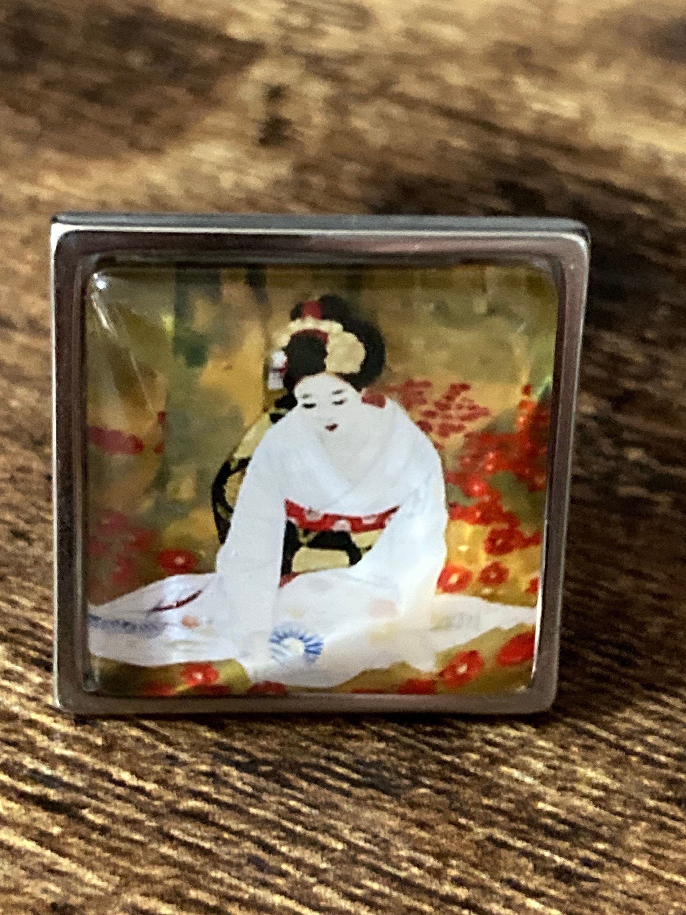 Oversized Stainless Steel Geisha Girl Ring: Modernist Glass Cabochon